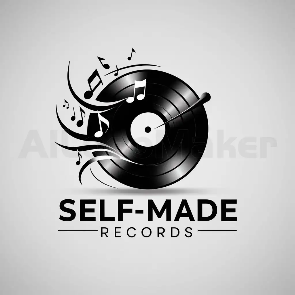 a logo design,with the text "Self-Made Records", main symbol:A music Vinyl with musical notes in the backround,complex,be used in Music industry,clear background