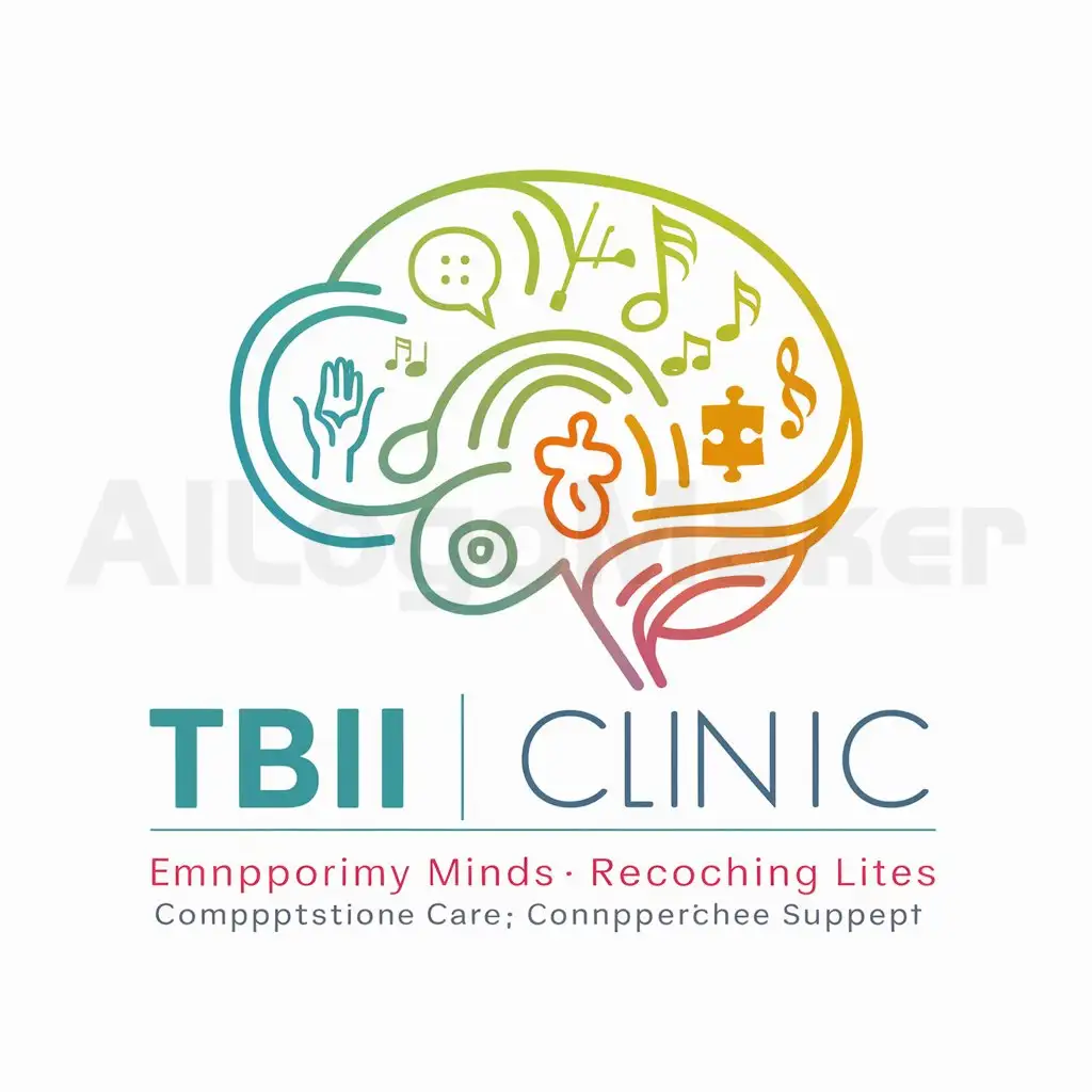 a logo design,with the text "TBI Clinic", main symbol:Creating a logo that represents a Traumatic Brain Injury (TBI) clinic with multiple disciplines requires balancing professionalism with a sense of care and support. Here's a simple yet meaningful design:n**Logo Concept:**- **Central Icon:** A stylized brain with gentle curves and lines to denote healing and recovery.- **Incorporated Symbols:** * A speech bubble: Represents speech therapy. * A hand reaching out: Symbolizes occupational therapy. * Musical notes: Signifies music therapy. * Neurological symbols: Such as synapses or neurons, indicating neurology. * A puzzle piece: Symbolizing neuropsychology, as it represents understanding and piecing together cognitive functions. * A heart: Symbolizes care and compassion.**Color Palette:**- Soft blue: For trust, stability, and calmness. - Green: For growth, healing, and vitality. - Warm tones like orange or yellow: For energy and optimism.**Typography:**- Clean and modern fonts for the clinic name, evoking professionalism and trustworthiness. - Softer, more rounded fonts for the tagline, expressing warmth and care.**Tagline:**- 'Empowering Minds, Restoring Lives' - 'Compassionate Care, Comprehensive Support',Moderate,be used in Medical Dental industry,clear background