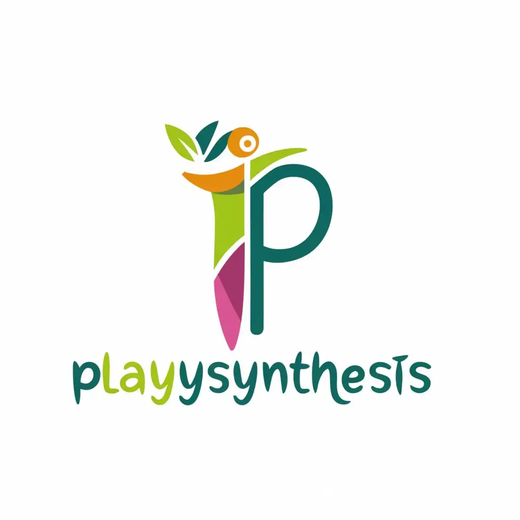 a logo design,with the text "Playsynthesis", main symbol:P, person holding a leaf, playful,Moderate,be used in children industry,clear background