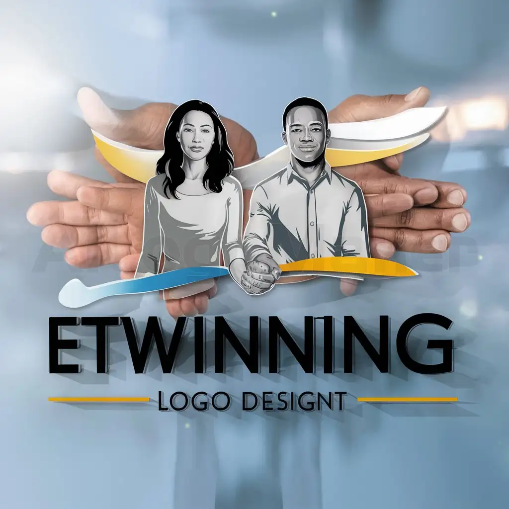 a logo design,with the text 'eTwinning', main symbol:a woman and a man, hands of different races,Moderate,be used in Nonprofit industry,clear background, blue and yellow colors