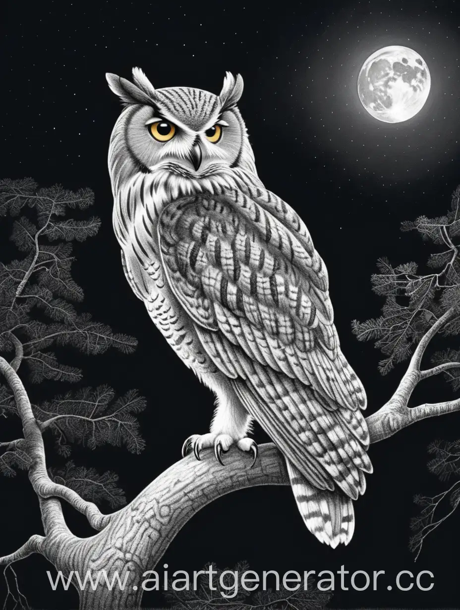 Majestic-Pencil-Drawing-of-an-Owl-Perched-on-Tree-Silhouetted-Against-Moonlit-Night