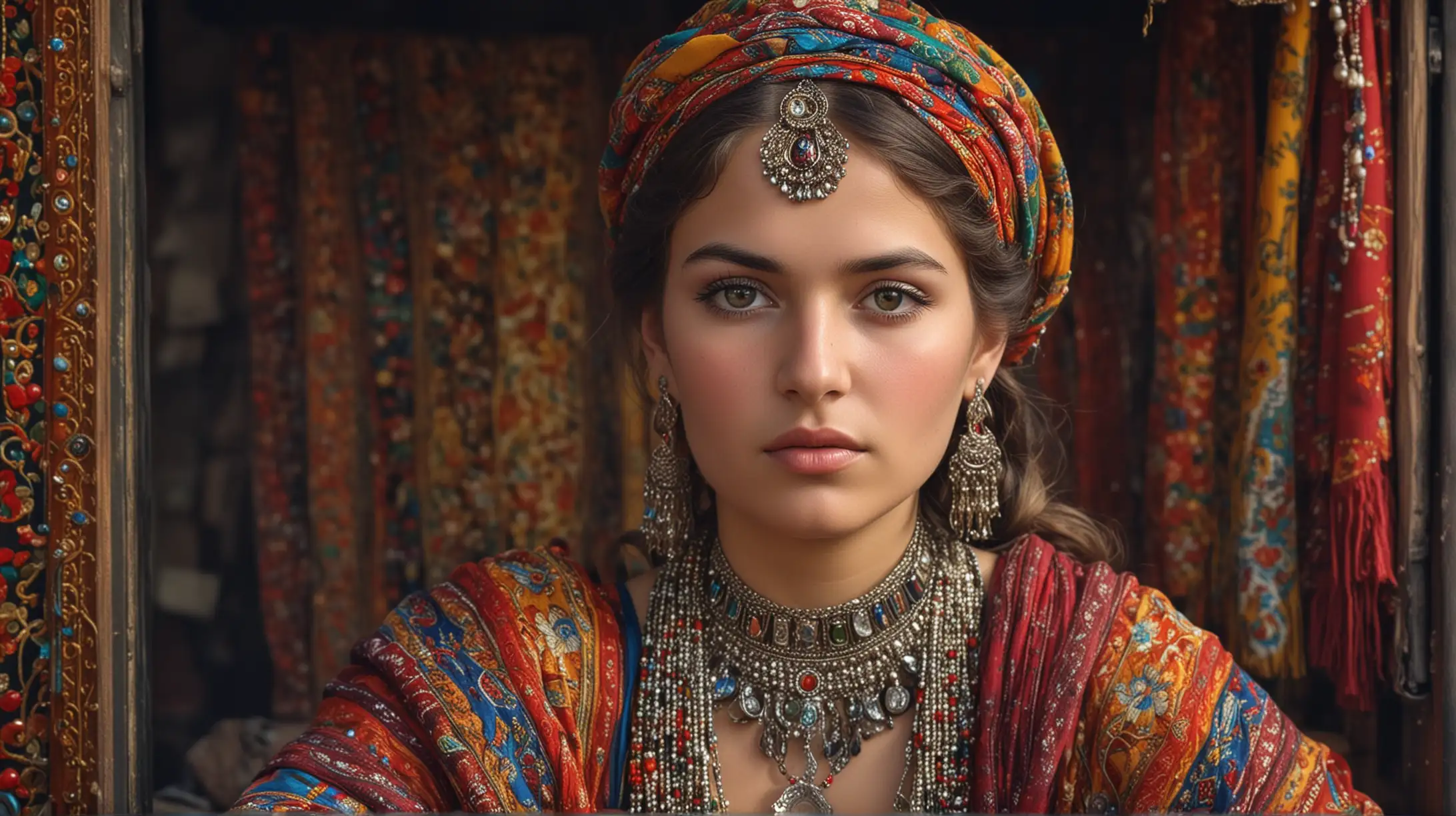 A realistic, beautiful photo of a pre-war gypsy woman, young and beautiful, shown from the waist up, dressed in a traditional, colorful outfit. On her head rests an ornate scarf, and the whole is complemented by numerous jewelry accessories. In the background is a traditional rolling stock cart, characteristic of the Roma culture. The stage exudes a wealth of culture and heritage, taking us back in time to days full of colour and tradition.