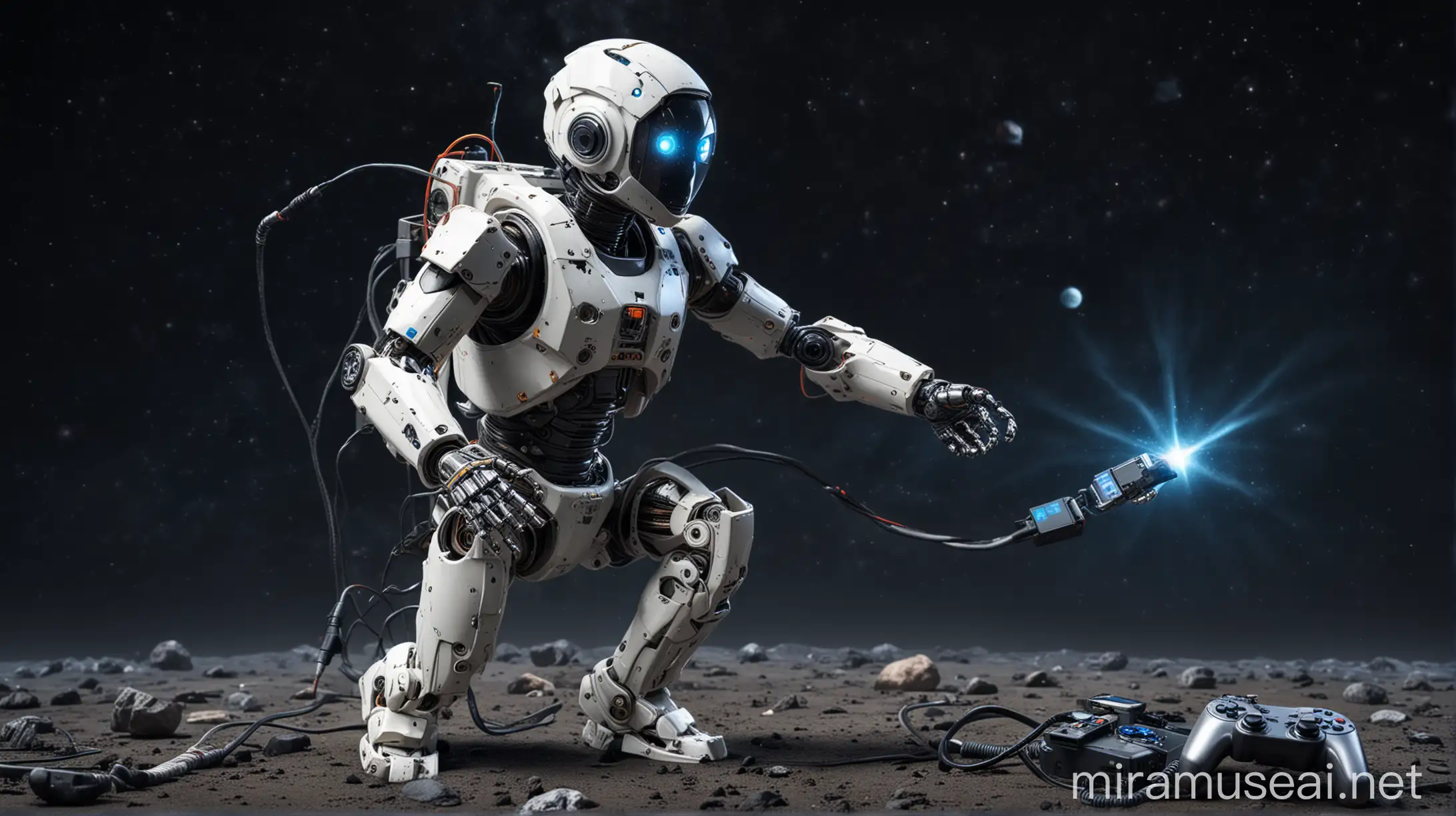 Robot Escaping Earth with Connected Game Console in Space