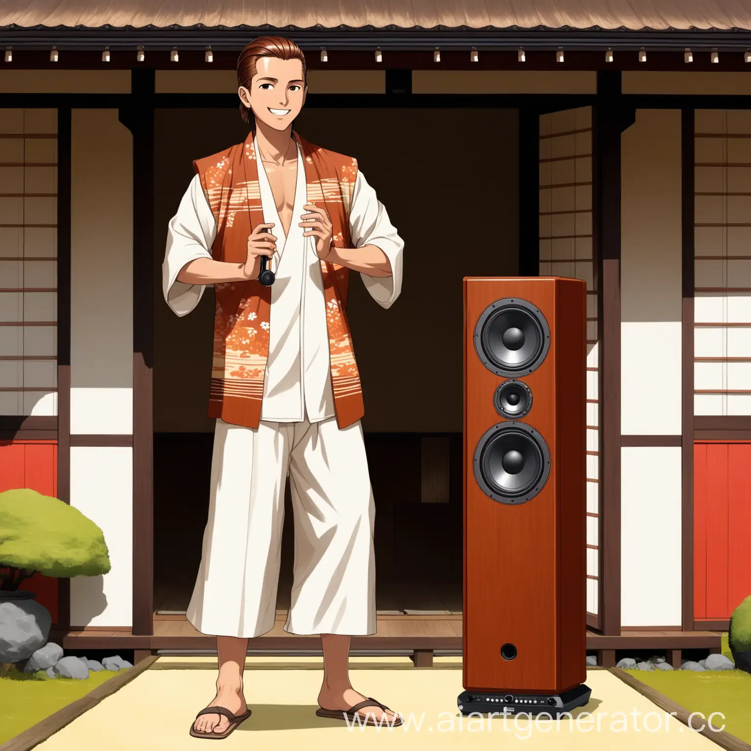 Short-Stature-Man-Enjoying-Music-Outside-Japanese-Cottage
