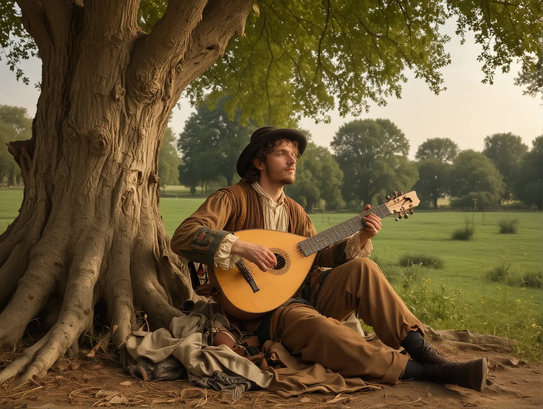 Tranquil Troubadour Playing Lute in PreRaphaelite Style