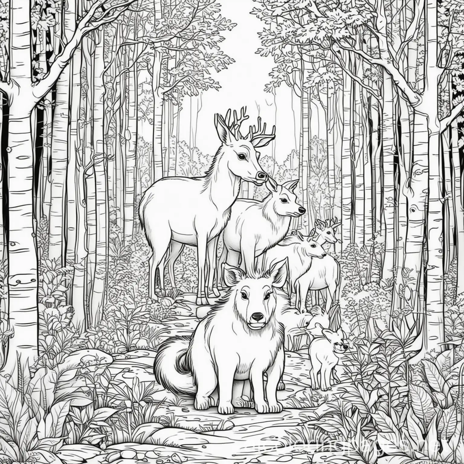 SHOW ME THE vector IMAGE OF ANIMALS in a forest, Coloring Page, black and white, line art, white background, Simplicity, Ample White Space. The background of the coloring page is plain white to make it easy for young children to color within the lines. The outlines of all the subjects are easy to distinguish, making it simple for kids to color without too much difficulty