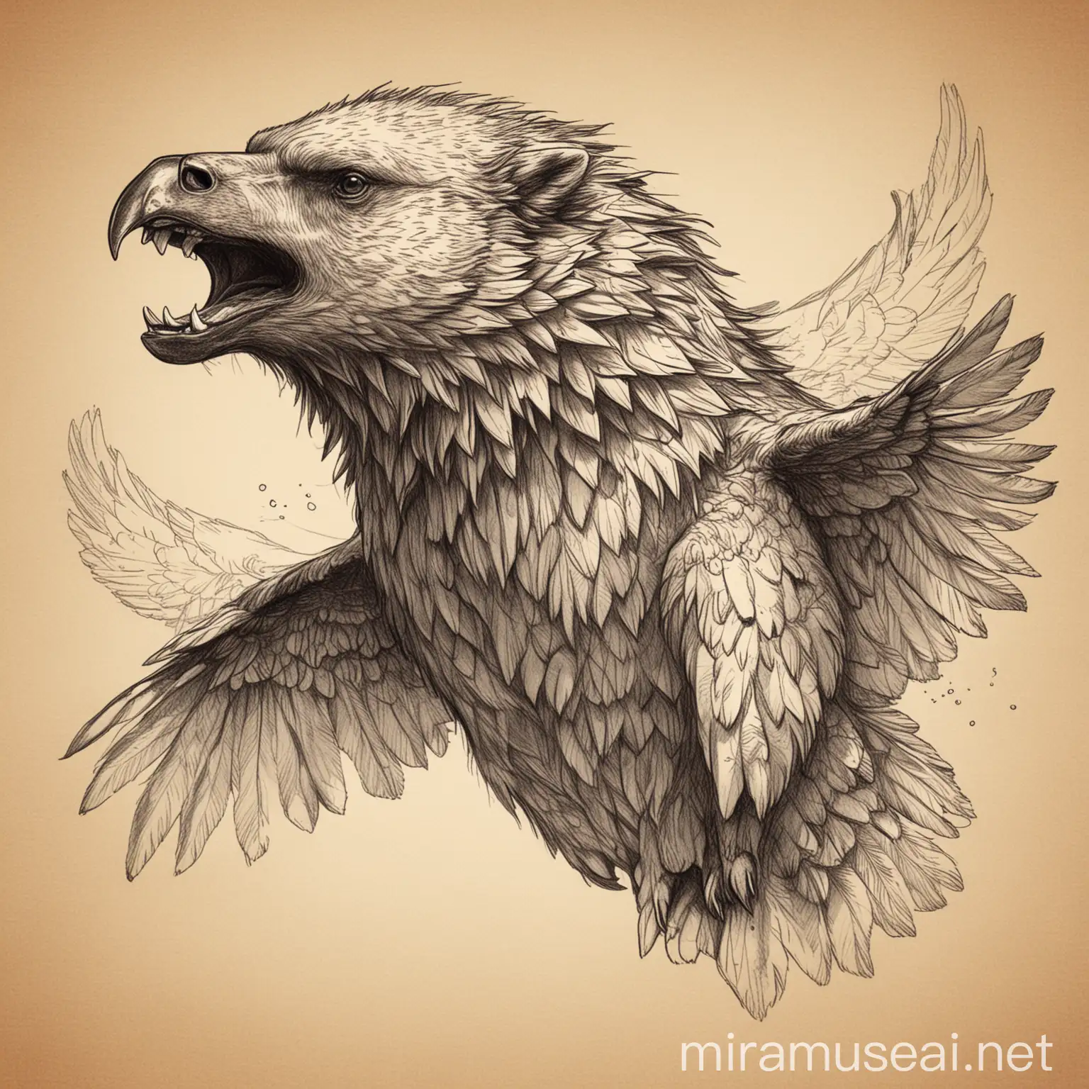 Hybrid Creature Sketch Bear Body with Eagle Wings and Fishlike Head