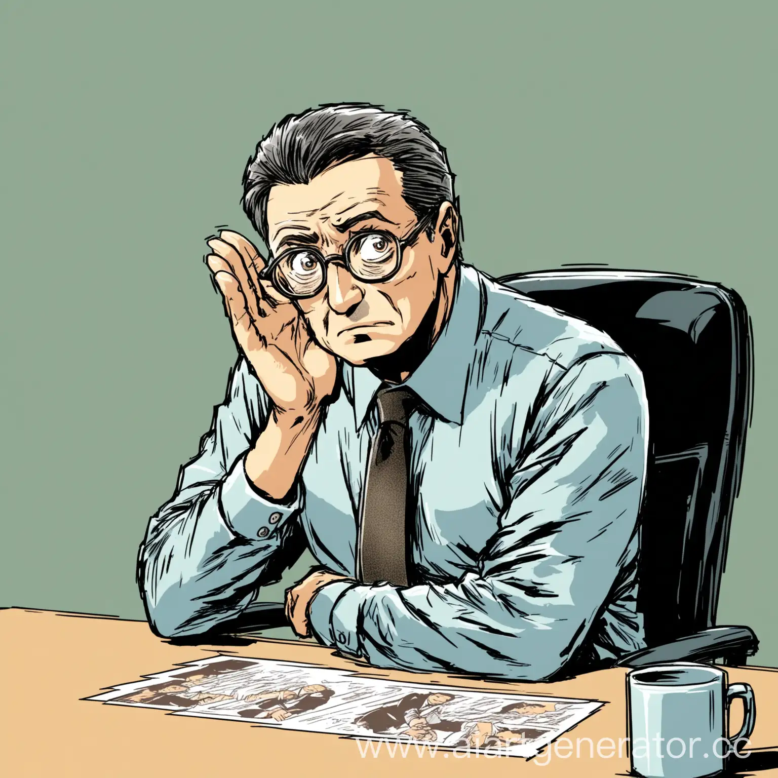 a man in an office with middle-aged glasses is pestering from a chair, calm face, with hands on the table, palms on the table, saying something, in office clothes, in the style of a color comic, without artifacts, with elaboration