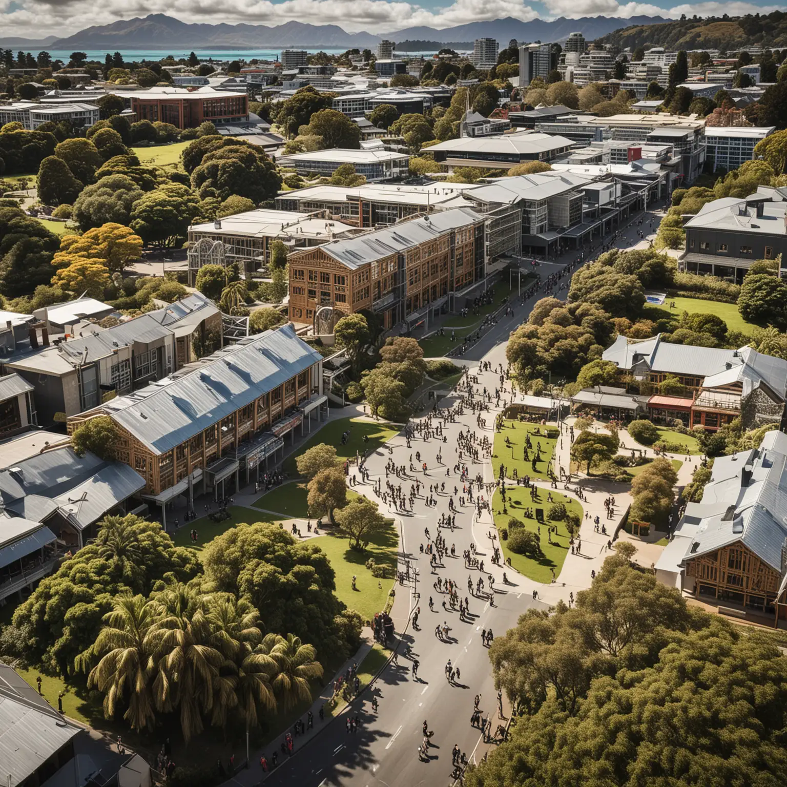 Bustling University Campus with Traditional Mori Architecture Elements in New Zealand