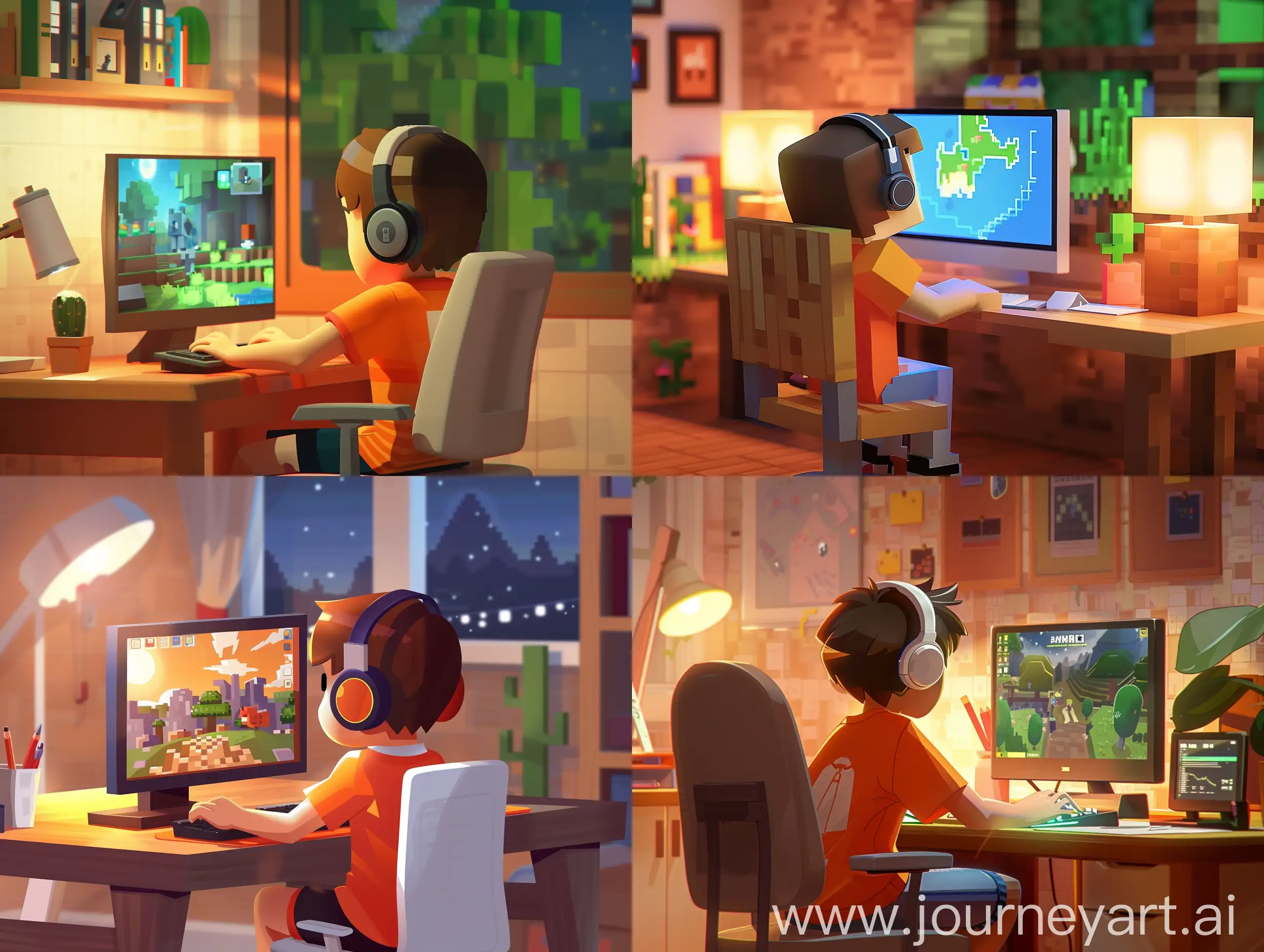 A boy is sitting at his desk, playing minecraft game on the computer in the style of Pixar. He has headphones and wears an orange shirt with white short sleeves. The room's lighting casts soft shadows across its surfaces, creating a cozy atmosphere that enhances the feel of the animated world.