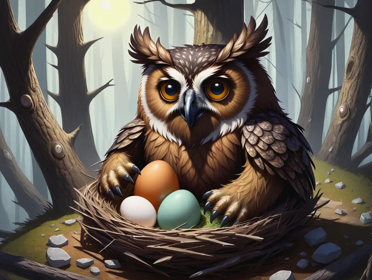 An owlbear in a nest with an one egg