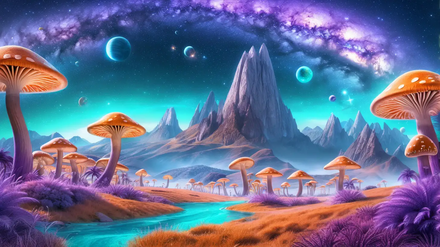 Orange-color and Turquoise grass with fairytale green palm trees and  magical giant luminescent mushrooms surrounded by a purple galaxy spiral background and mountains and a planet in the sky