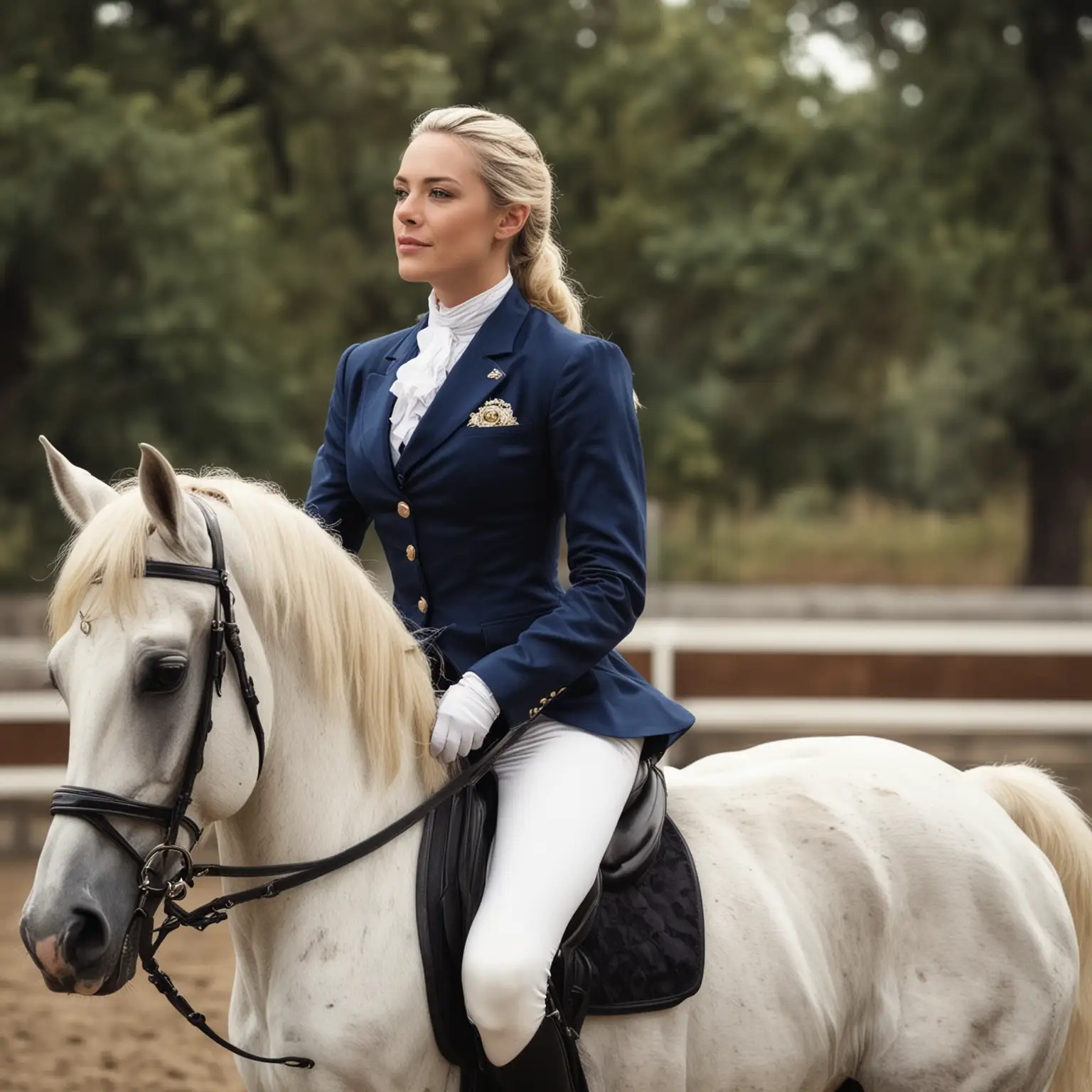 Aristocrat with Blue Beard and Blonde Woman in Dressage Attire Riding Horses