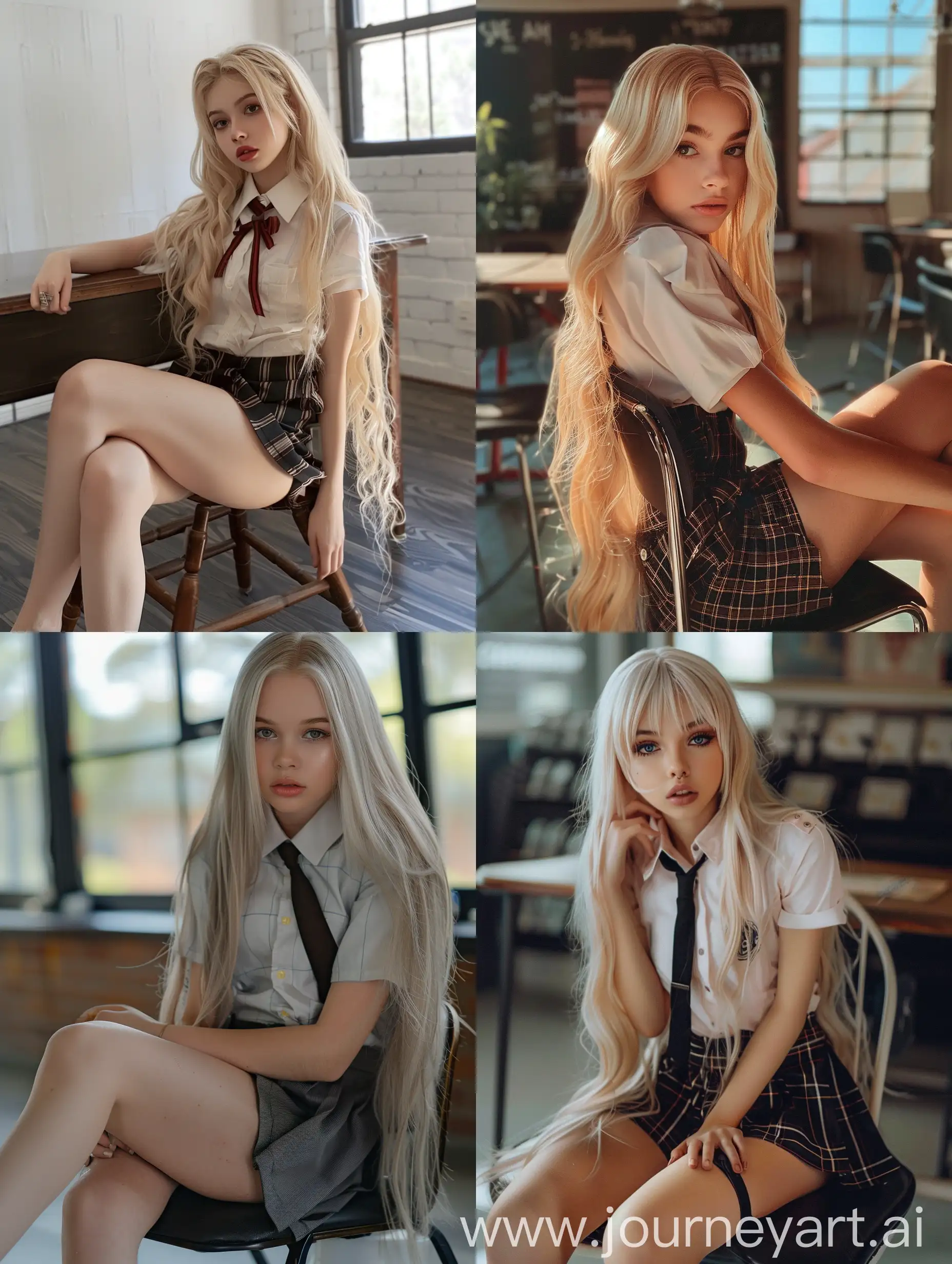Stylish-Blonde-Influencer-Posing-in-School-Uniform-on-Chair