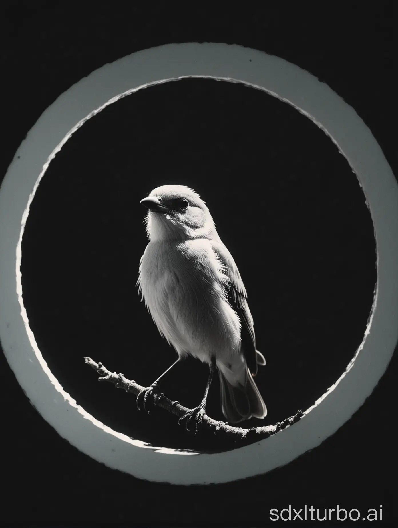 A photo of Bird, a white circle behind it is illuminated in the style of light from inside, black background, 90s aesthetic, film grain, color negative, suspense, nightshot photography