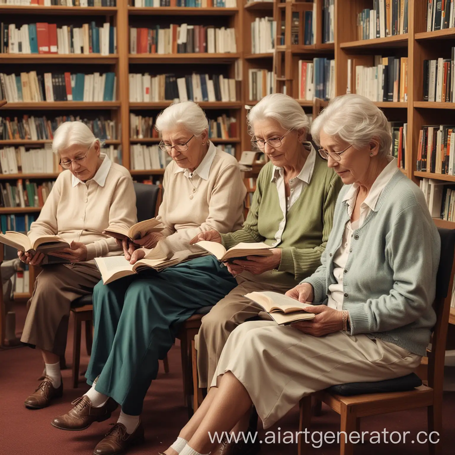 группа престарелых людей сидят в библиотеки и читают книги