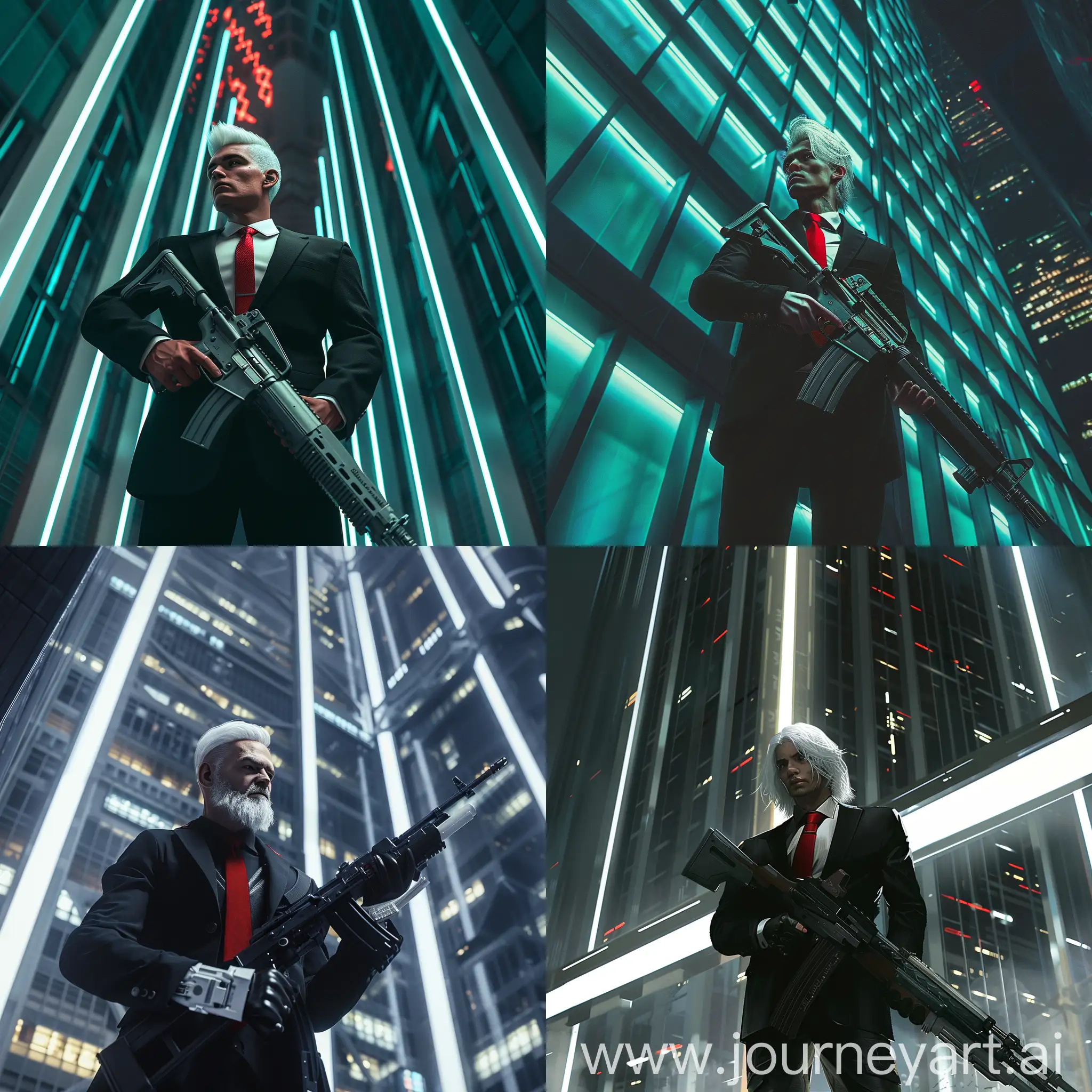 Cyberpunk-GreyHaired-Man-with-Assault-Rifle-under-SciFi-Skyscraper