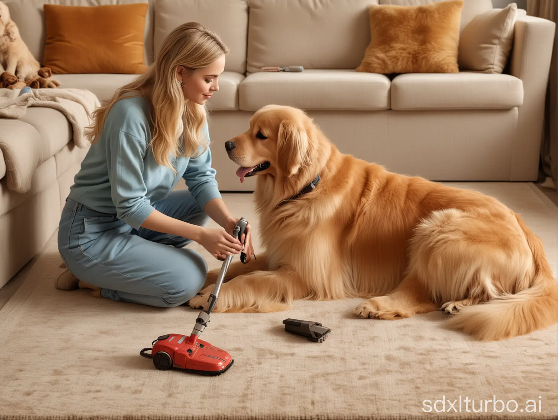 A foreign beauty is sitting on the carpet in the living room, holding a pet vacuum grooming tool and grooming the fur of a Golden Retriever. The scene is realistic, the characters are realistic, and the Golden Retriever is also realistic.