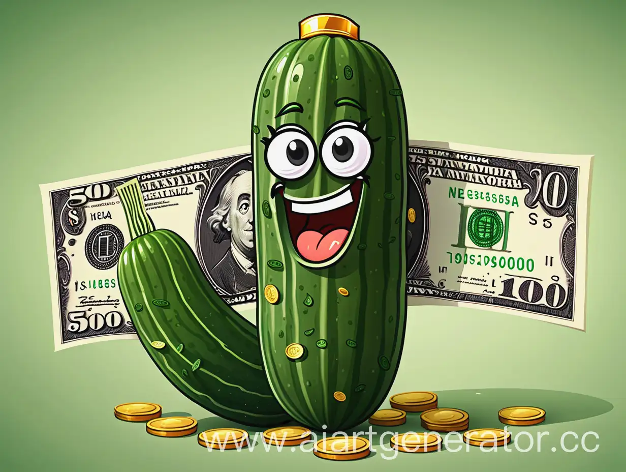 Cartoon-Cucumber-Holding-Stack-of-Cash-Playful-Vegetable-Character-with-Wealth