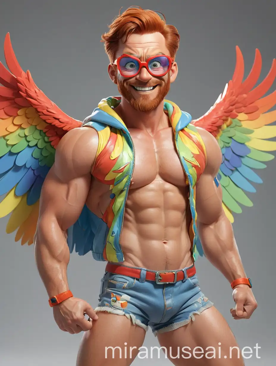 Muscular RedHaired Bodybuilder Flexing with Rainbow Eagle Wings and Doraemon Goggles