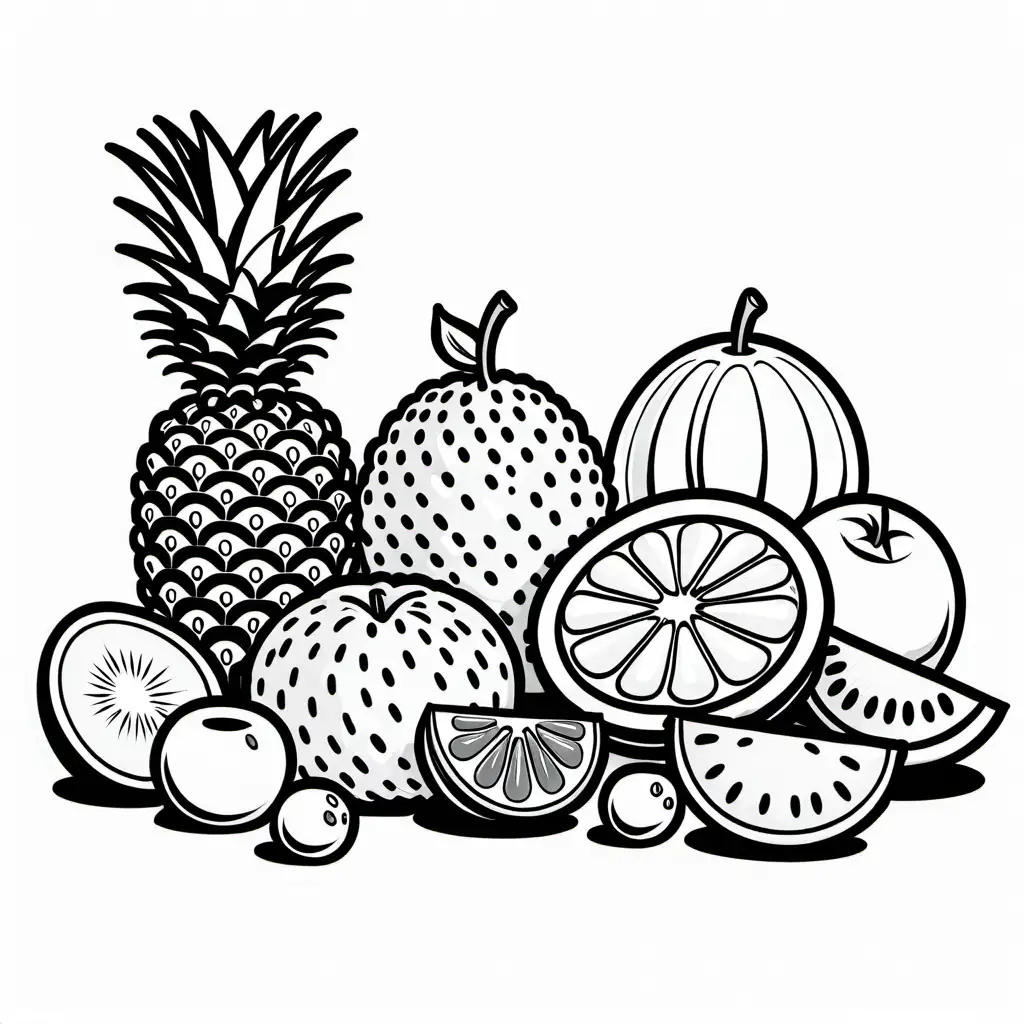 Illustrate a playful scene with a variety of fruits. Ensure the fruits are large and easy to color., Coloring Page, black and white, line art, white background, Simplicity, Ample White Space.