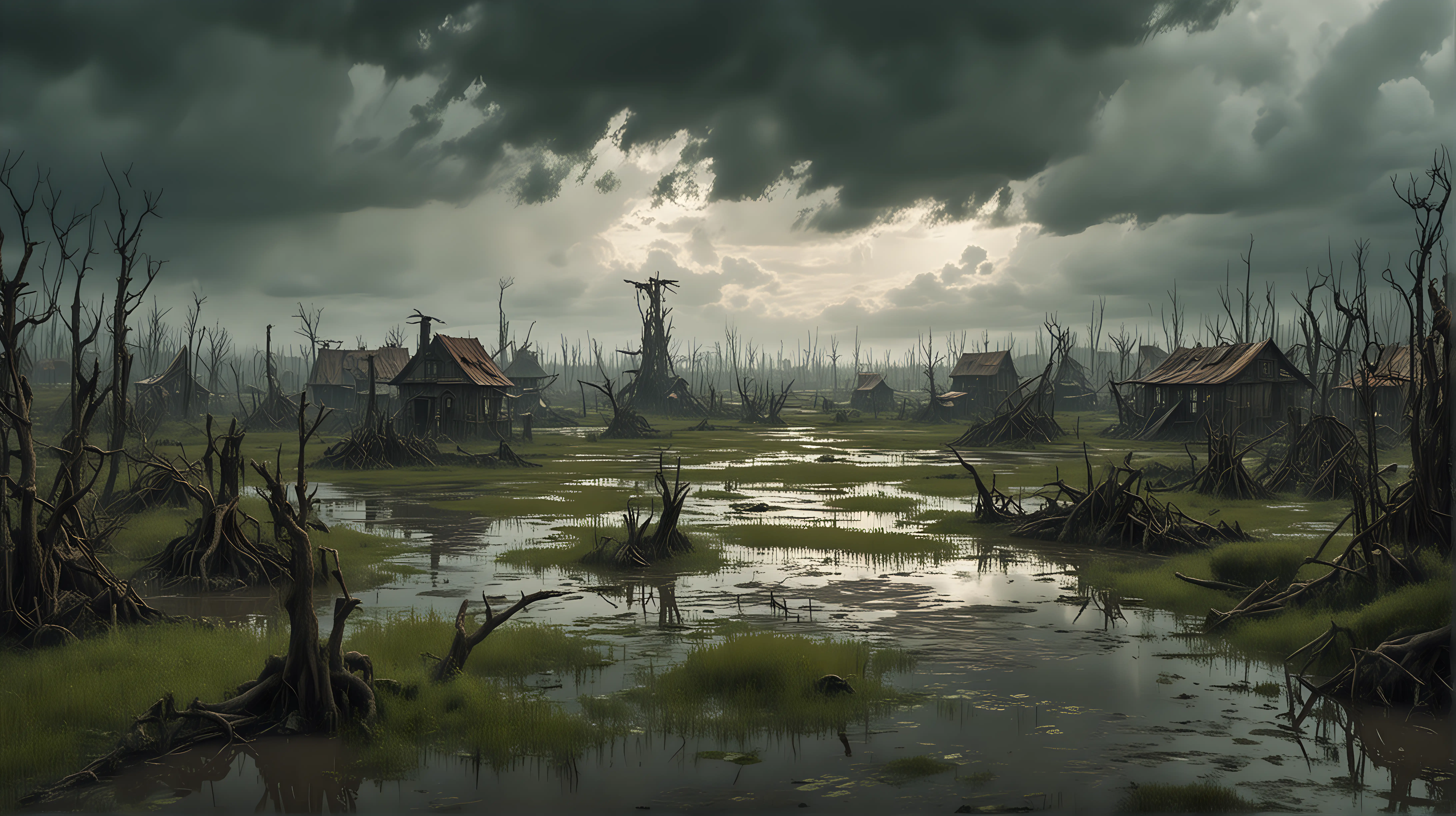 large swamps near a small steampunk village, stormy, distant view