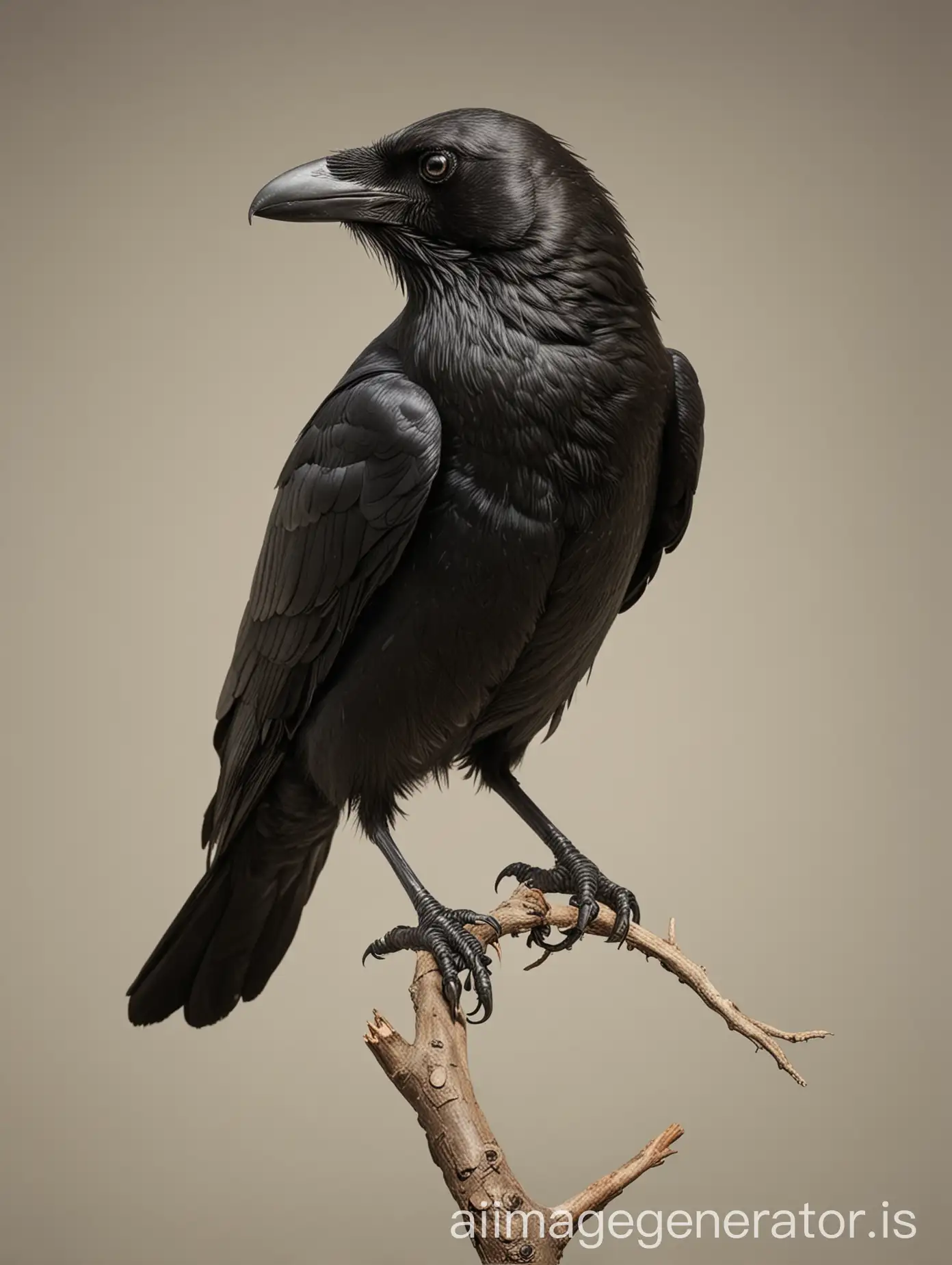 realistic a crow, full body, perched on a branch, neutral background