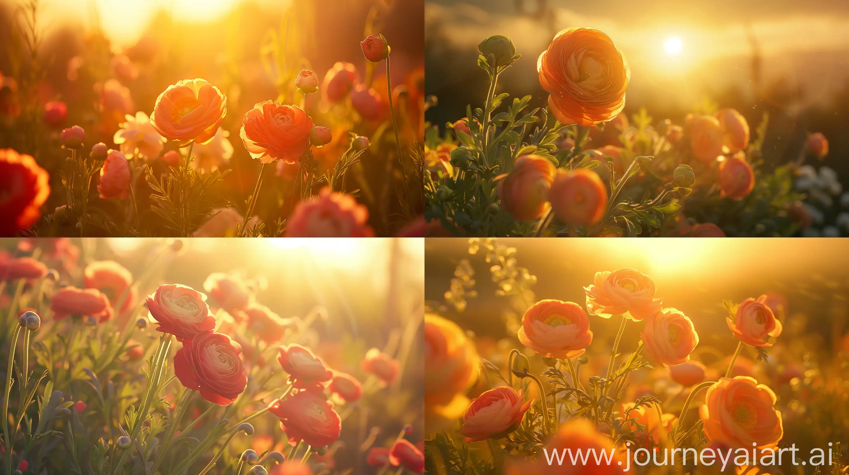 High detailed photo capturing a Ranunculus asiaticus Mix. The sun, casting a warm, golden glow, bathes the scene in a serene ambiance, illuminating the intricate details of each element. The composition centers on a Ranunculus asiaticus Mix. Known as Persian Buttercups, Ranunculus asiaticus is a tuberous-rooted plant native to southeastern Europe and Asia Minor. Plants have fine-cut foliage and produce vibrant flowers with fine papery petals that resemble poppies.. The image evokes a sense of tranquility and natural beauty, inviting viewers to immerse themselves in the splendor of the landscape. --ar 16:9 