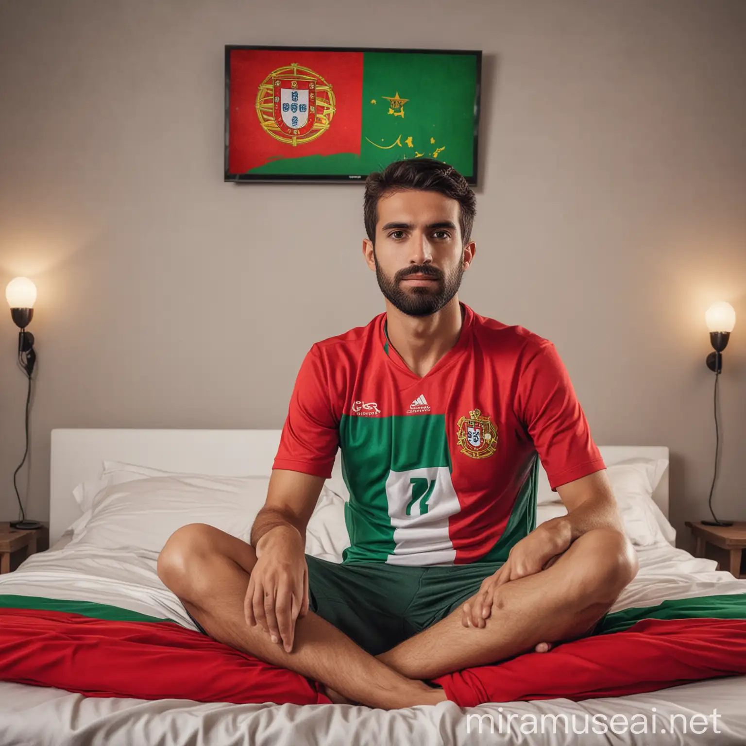 fã de futebol da seleção portuguesa, assistindo a uma partida de futebol na tv, sentado numa cama