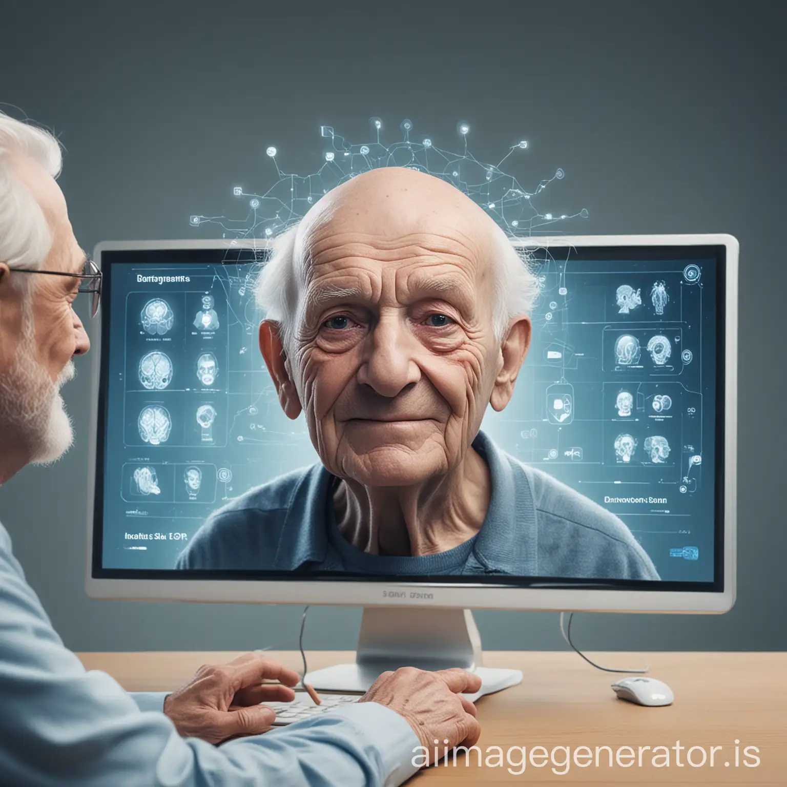 Technology and CarenDescription:nnBackground: A soft blue gradient, representing technology and care.nMain body: An old man smiling at the screen, with an interface of a brain game on the screen.nDetails: Next to the elderly person there are some virtual joint detection key points and a frame line of face recognition, showing the application of technology.nTitle: A brain game dedicated to senile dementia patients based on face recognition and joint detectionnSubtitle: Brain games and rehabilitation training