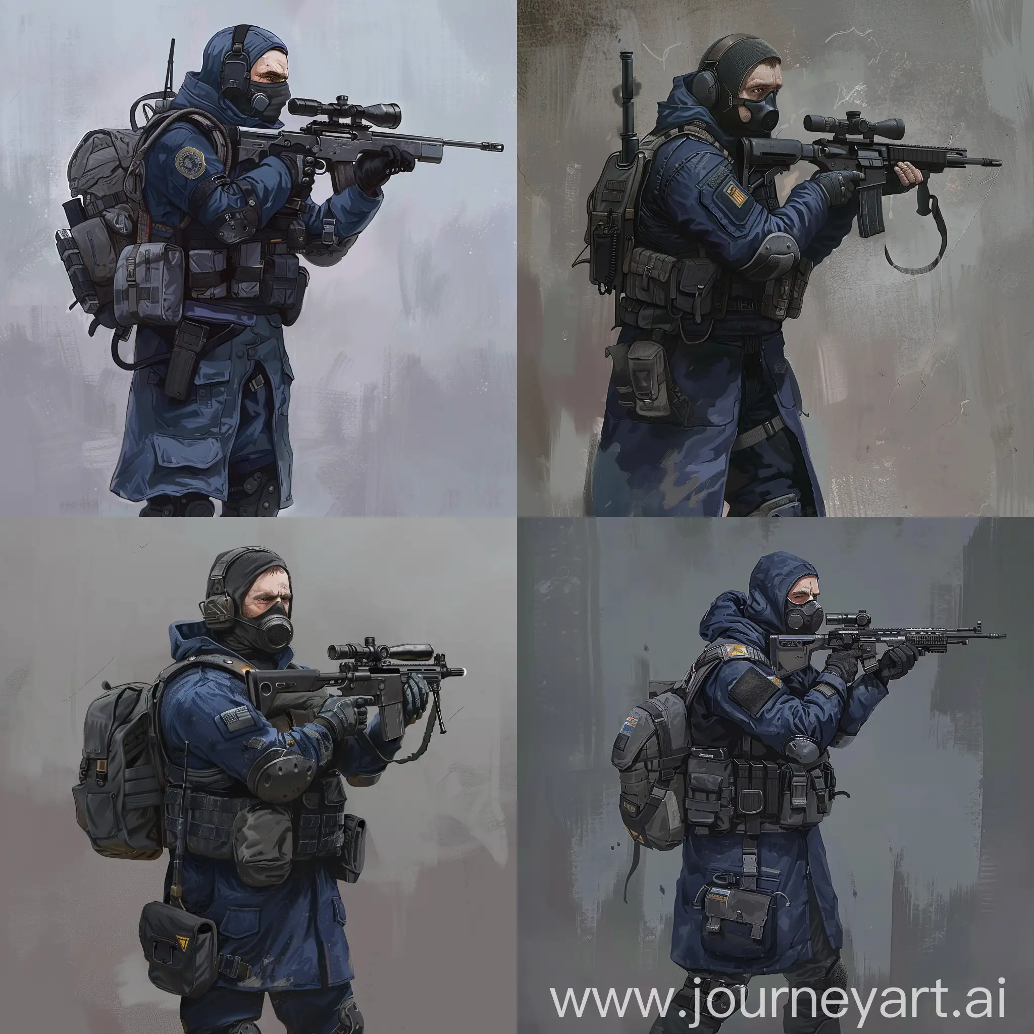 Concept art a mercenary from the universe of S.T.A.L.K.E.R., a mercenary dressed in a dark blue military raincoat, gray military armor on his body, a respirator mask on his face, a small military backpack on his back, sniper rifle in his hands.