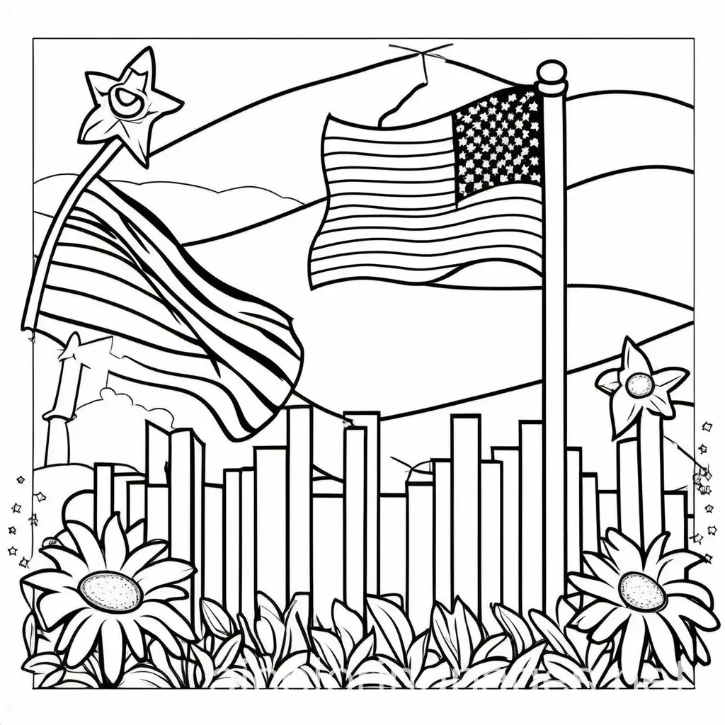 memorial day coloring page for kids, Coloring Page, black and white, line art, white background, Simplicity, Ample White Space. The background of the coloring page is plain white to make it easy for young children to color within the lines. The outlines of all the subjects are easy to distinguish, making it simple for kids to color without too much difficulty