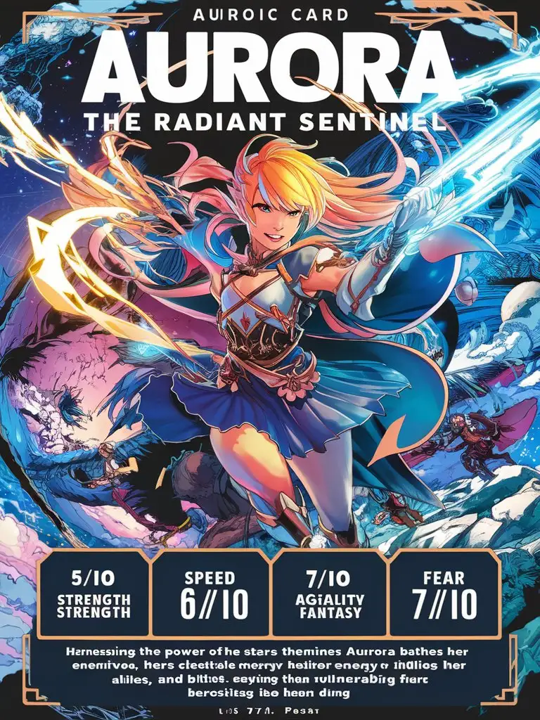  "Design a premium 8k/16k trading card for the collectible series "New Blood" featuring "Aurora the Radiant Sentinel". Incorporate the following elements:

• Card name: "Aurora the Radiant Sentinel" in bold text
• Stats:
Strength: 5/10
Speed: 6/1