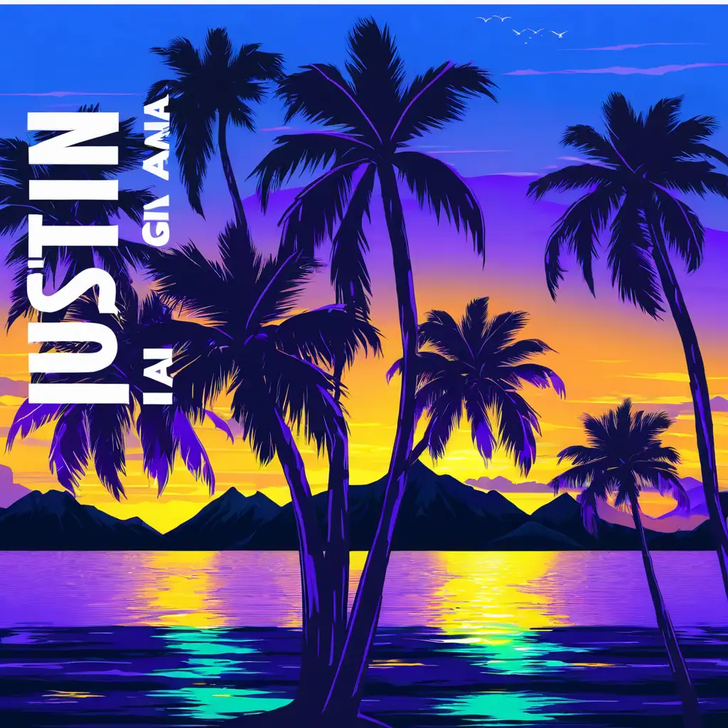 and make yellow sunset behind mountains, with purple blue sky above sun and purple water with the suns reflection, dark palm trees large and small dark mountains in the distance background, behind the black palm trees is the ocean, make slight neon HIGH RESOLUTION, remove and erase white ALL font in upper left