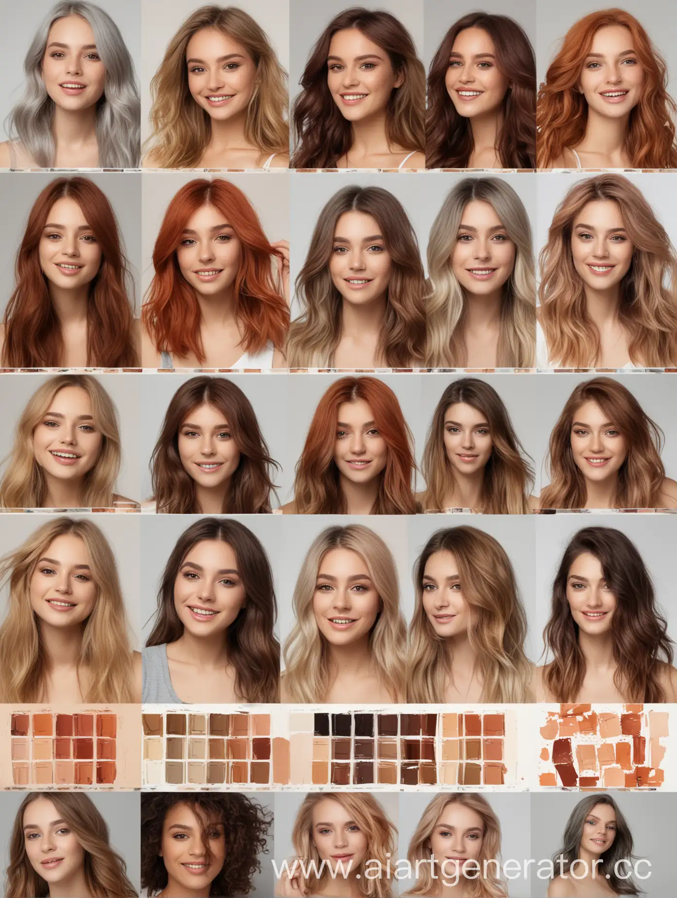 мудборд для бренда компании профессиональной косметики для волос, показывающий разнообразие цветов и палитры красок для волос, здоровье, индивидуальность каждой девушки, использующей краски, позитивное настроение