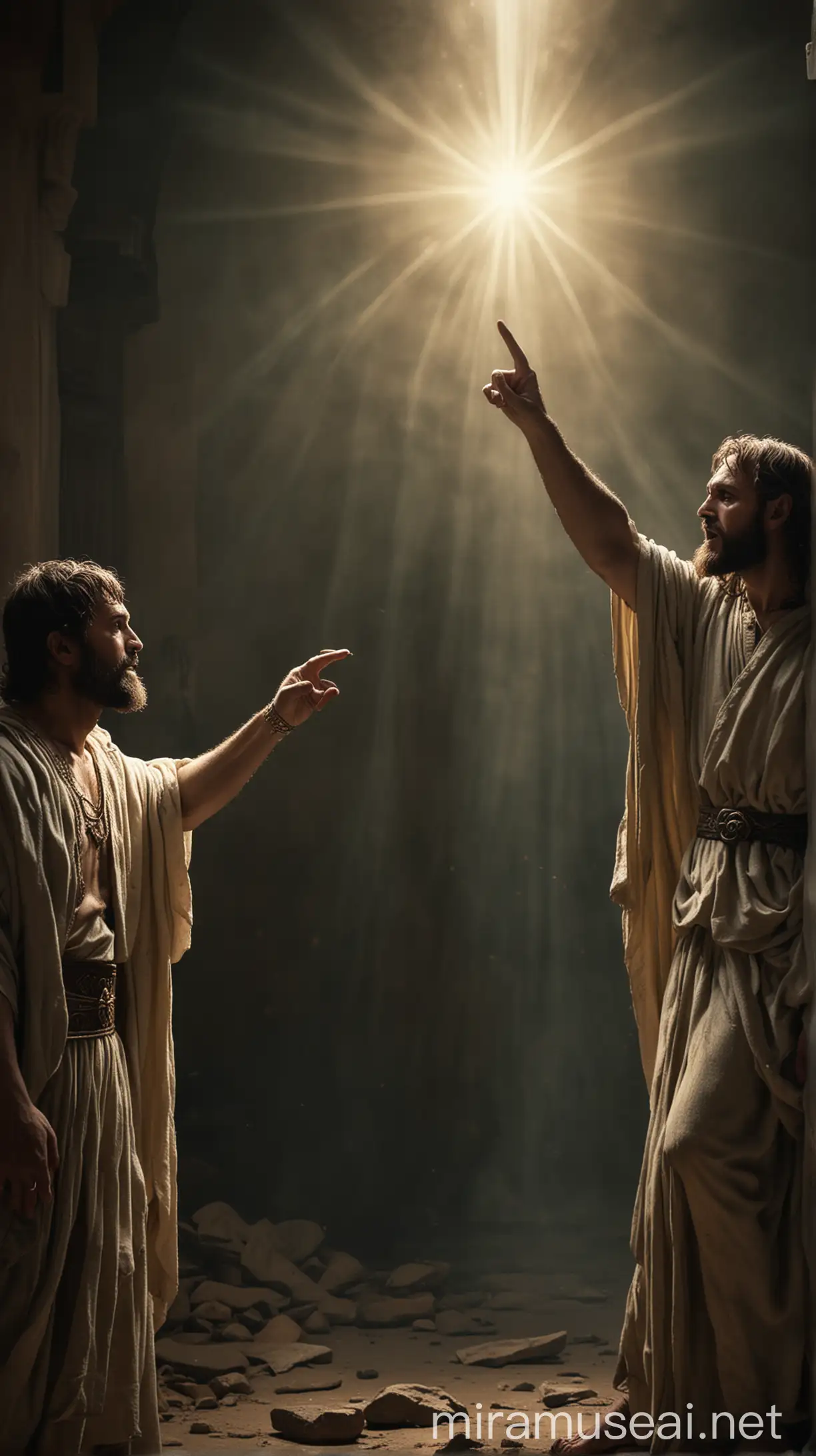 A dramatic scene depicting Paul pointing his finger at Barjesus, who is shown shrinking back in fear. A bright light emanates from Paul's outstretched hand, symbolizing the power of God. The background is darkened to emphasize the intense moment.In ancient world 