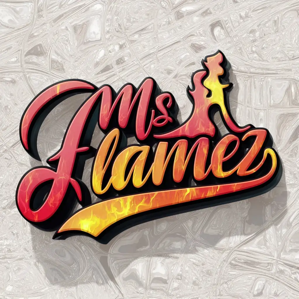 a logo design,with the text 'MsFlamez', main symbol:Black outline, red,rosepink, yellow, orange,sexy, cursive,black shadow woman silhouette, fire colors,fire, 3d,complex,clear background