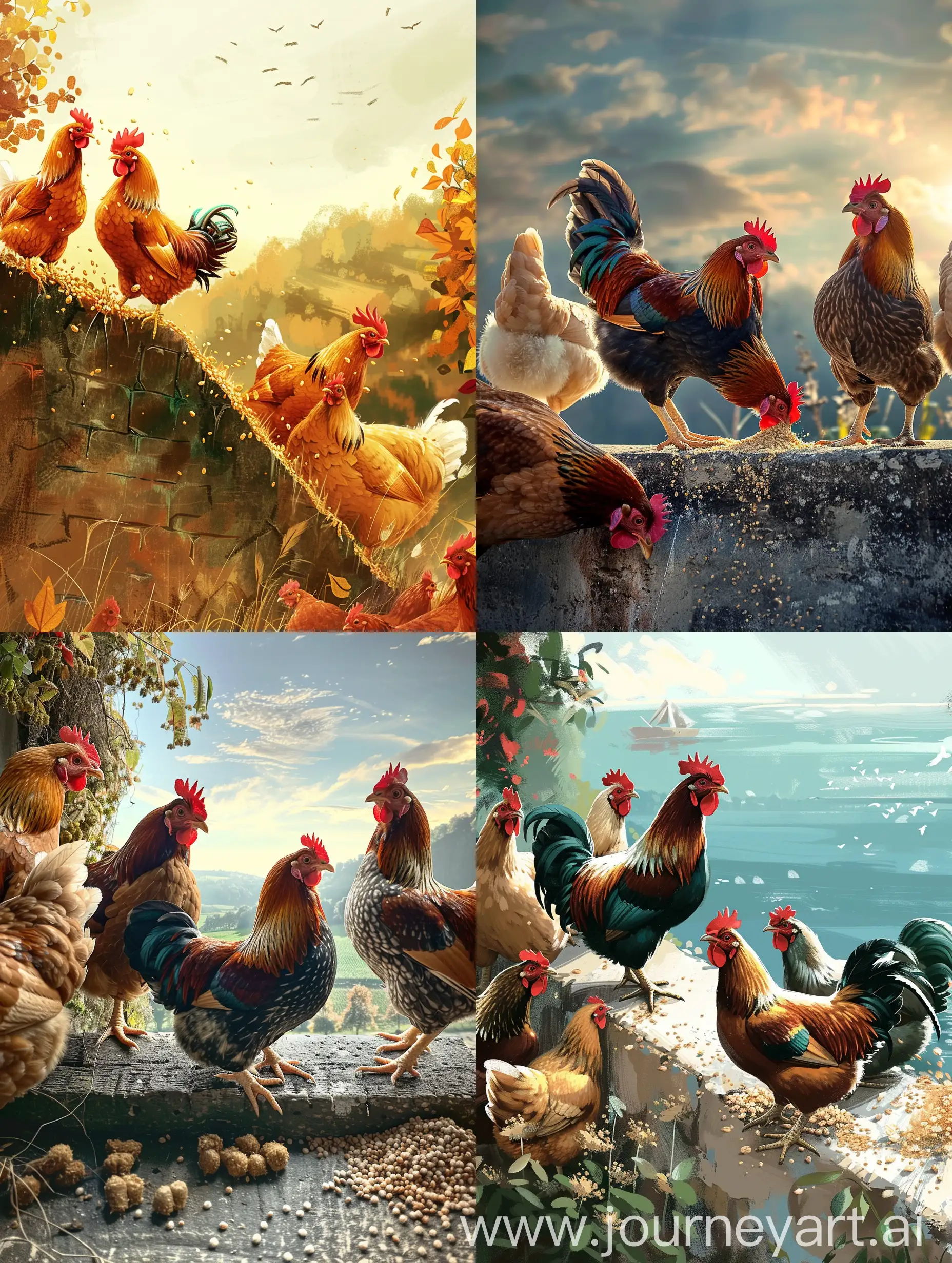 There is a chicken on the wall eating grain, the weather is sunny and beautiful. Next to the chicken are some other chickens. Next to these chickens, there is also a hen and a rooster.