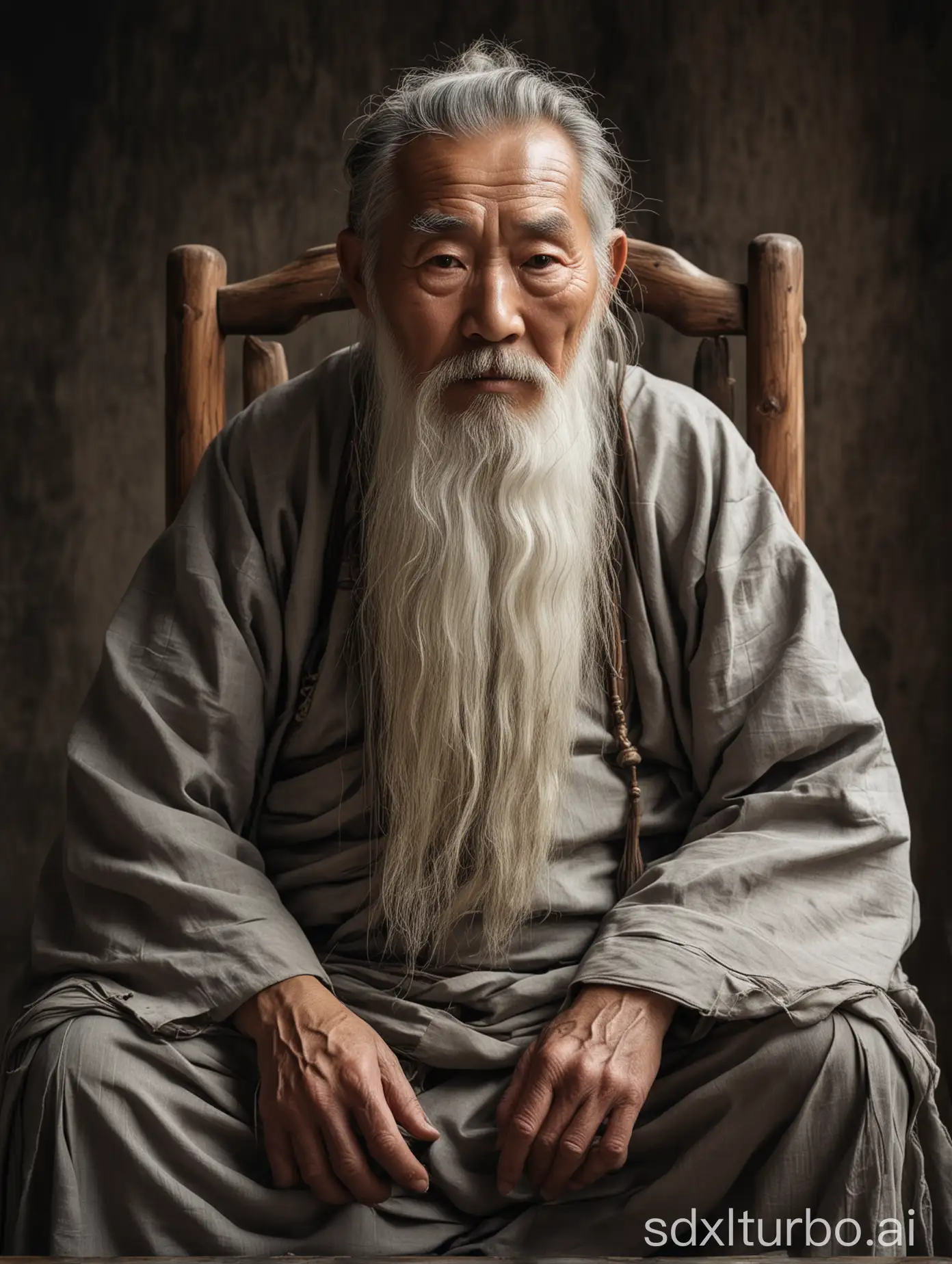 一个白胡子老道士，正面，苍老，满脸皱纹，但充满智慧，像个老神仙，坐在木有椅子上，是中国老道长，穿着中国的中式衣服
