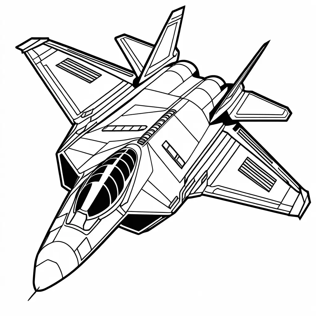 a F-22 Raptor, black and white, line art, white background, ample white space to make it easy to color within the lines, simple for kids to color without difficulty, simplicity, Coloring Page, black and white, line art, white background, Simplicity, Ample White Space. The background of the coloring page is plain white to make it easy for young children to color within the lines. The outlines of all the subjects are easy to distinguish, making it simple for kids to color without too much difficulty, Coloring Page, black and white, line art, white background, Simplicity, Ample White Space. The background of the coloring page is plain white to make it easy for young children to color within the lines. The outlines of all the subjects are easy to distinguish, making it simple for kids to color without too much difficulty
