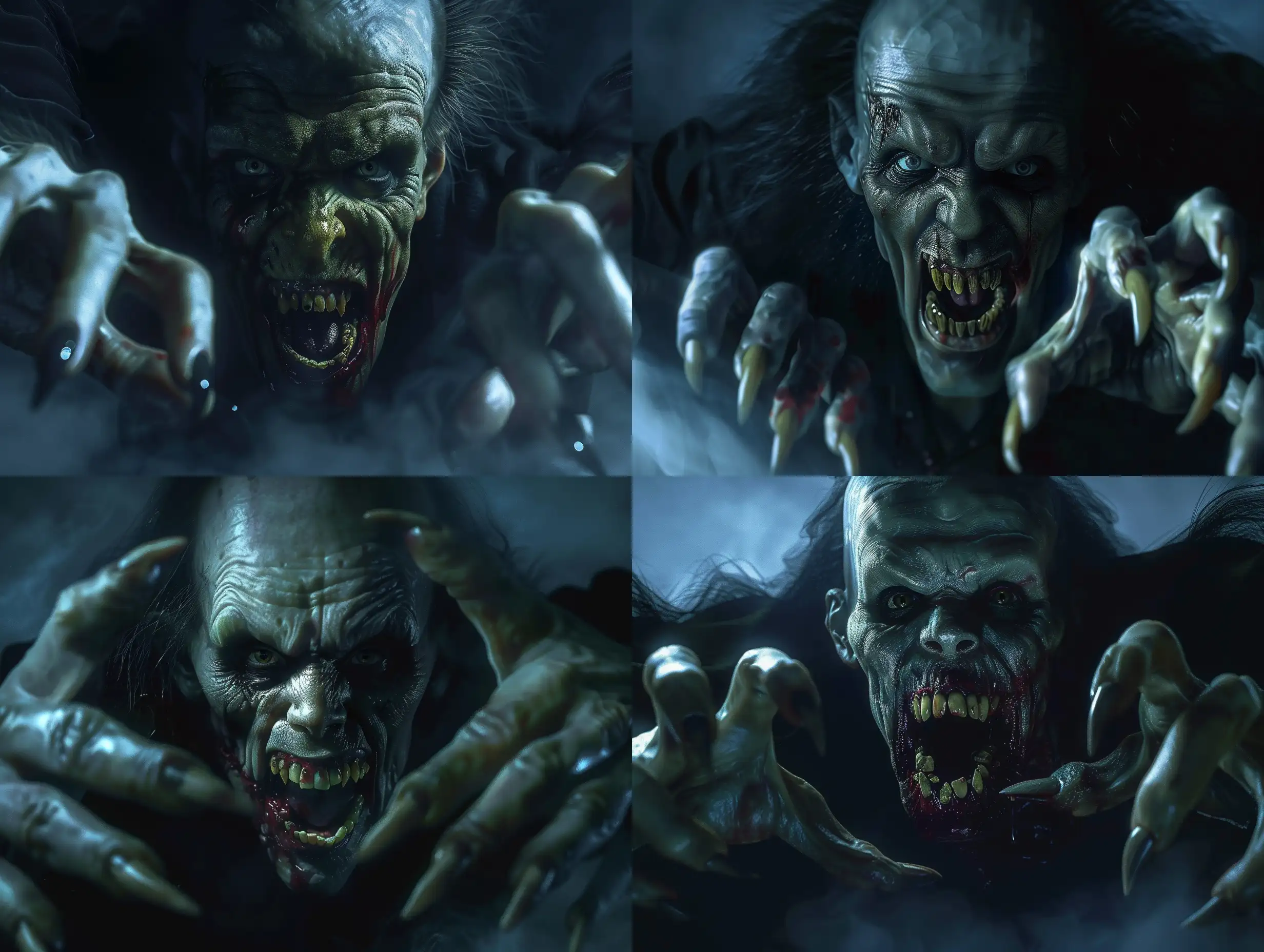 Photorealism nightmare scene of a monstrous female vampire with long, curved, pointed nails, exuding an aggressive and terrifying presence. Her pointed, crooked teeth form a scary expression amidst a dark and atmospheric setting. The high-quality depiction should capture the aggressive attack, emphasizing her predatory fangs and detailed nails in a hyper-realistic manner. The lighting should contribute to the horror atmosphere, ensuring a full-body portrayal with realistic hyper-detail. The character design should convey a playful yet menacing quality, with full anatomical accuracy including distinctly human hands with five fingers. The final image must be very clear without flaws, portraying the vampire with unparalleled photorealism.