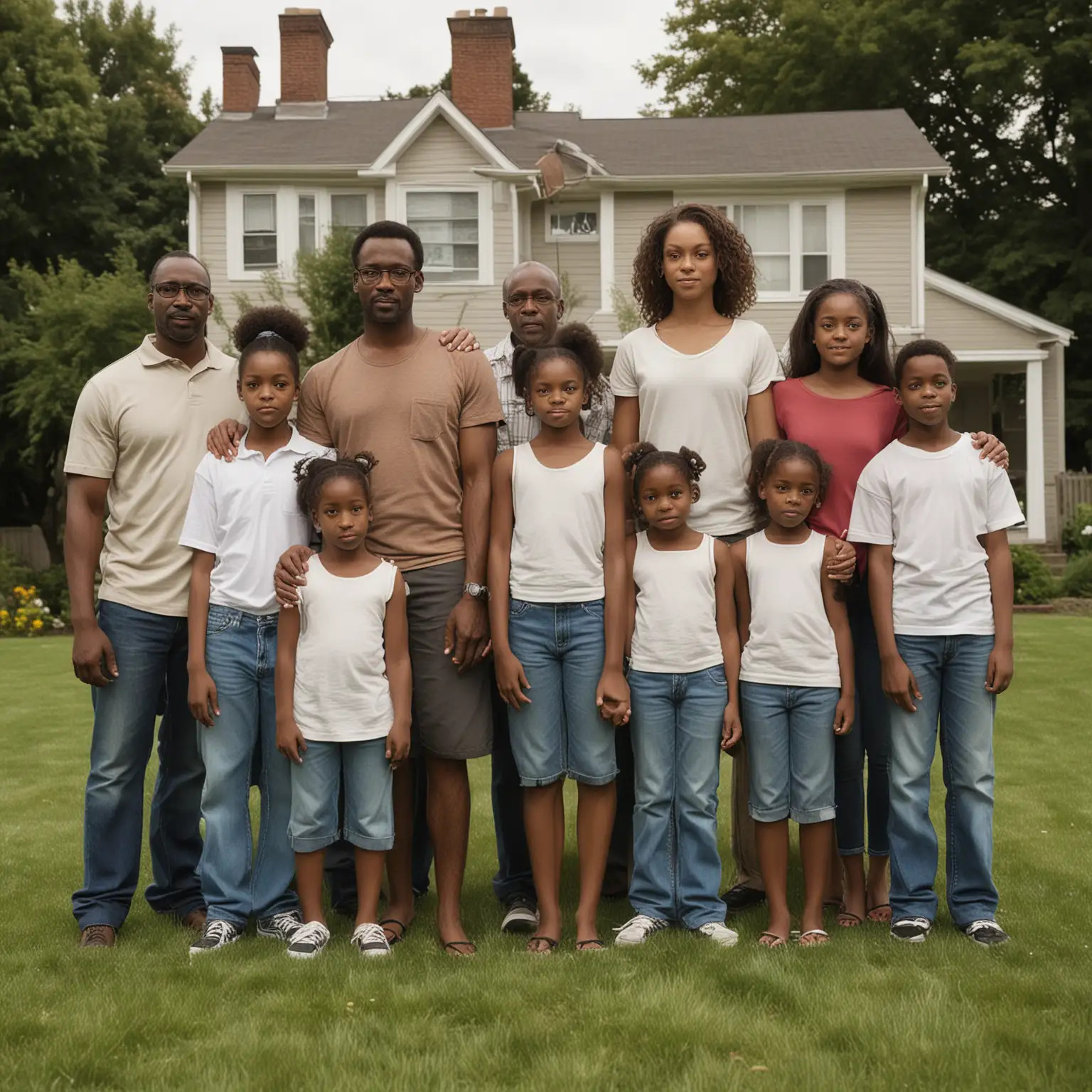 Generate an image of the Samples Family, depicted as a skinny black father and a short fat black woman standing on opposite sides of a house, with their arms crossed. In the center, between the mother and father, stands 11 black girls of different heights and 4 black boys of different heights on the lawn, none more than 5’11’.  Despite the house, the family appears united and resilient.