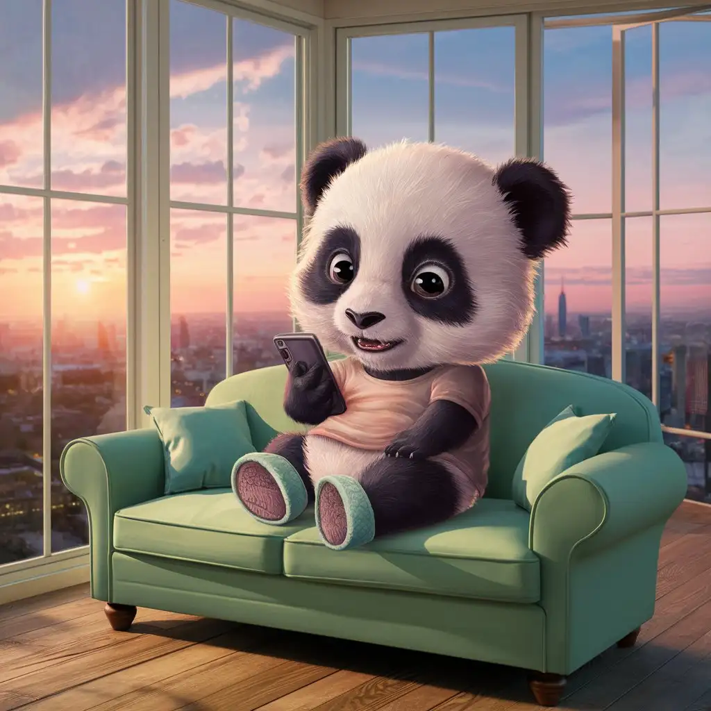 Adorable-Baby-Panda-Playing-on-Mint-Green-Sofa-with-City-Sunset-View