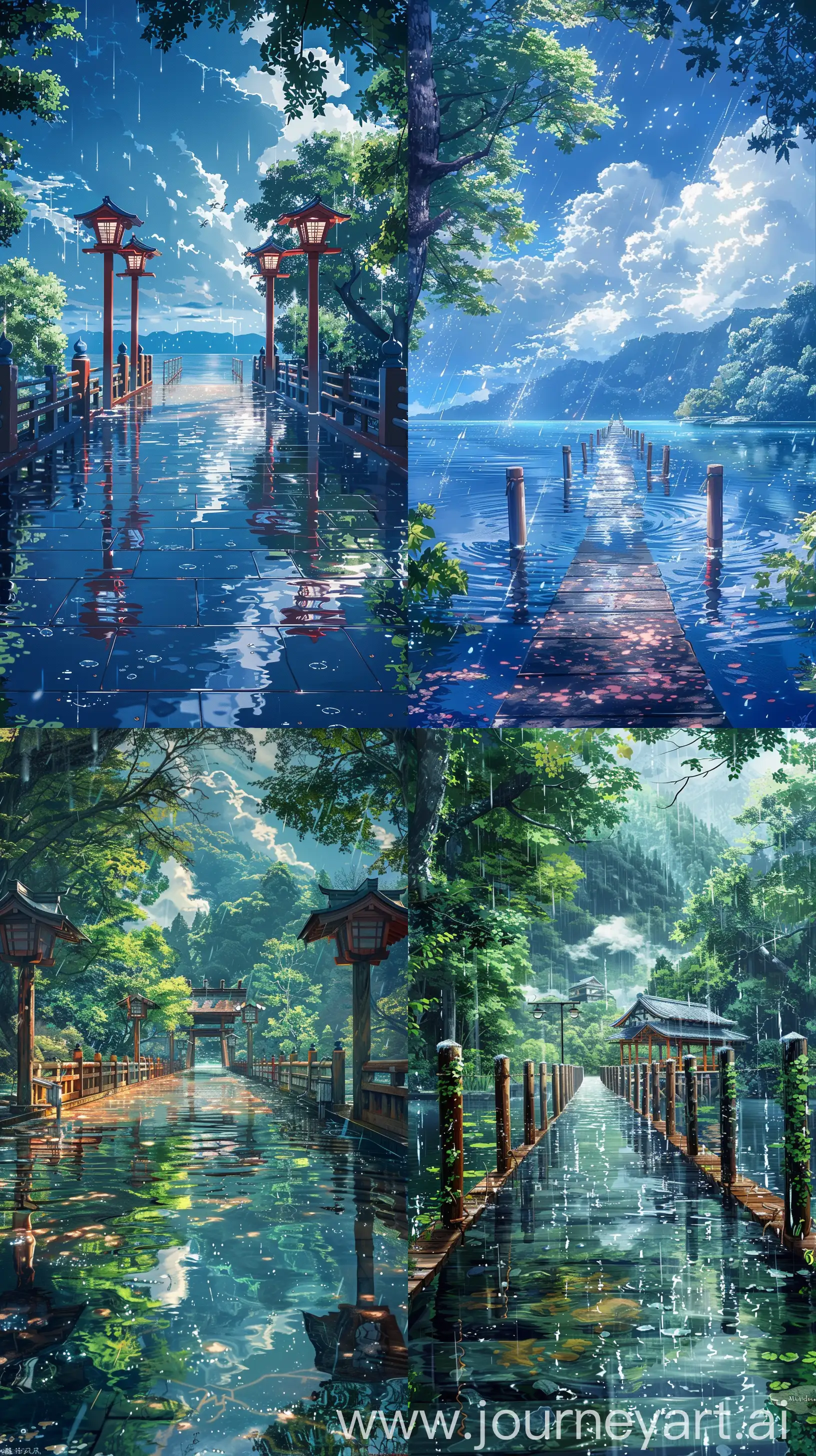 Tranquil Anime Landscape Serene Canal Scene, Your name landscape anime with canal, Beautiful anime scenary, mokoto shinkai style, High quality reflection of day time, tranquil crystal clear water, wet pier, beautiful view, quite and calm nature, mesmerizing scane, verious scenary, mokoto shinkai style, ultra HD, high quality, 4k hd picture, sharp and smooth details, no hyperrealistic --ar 9:16 --s 400