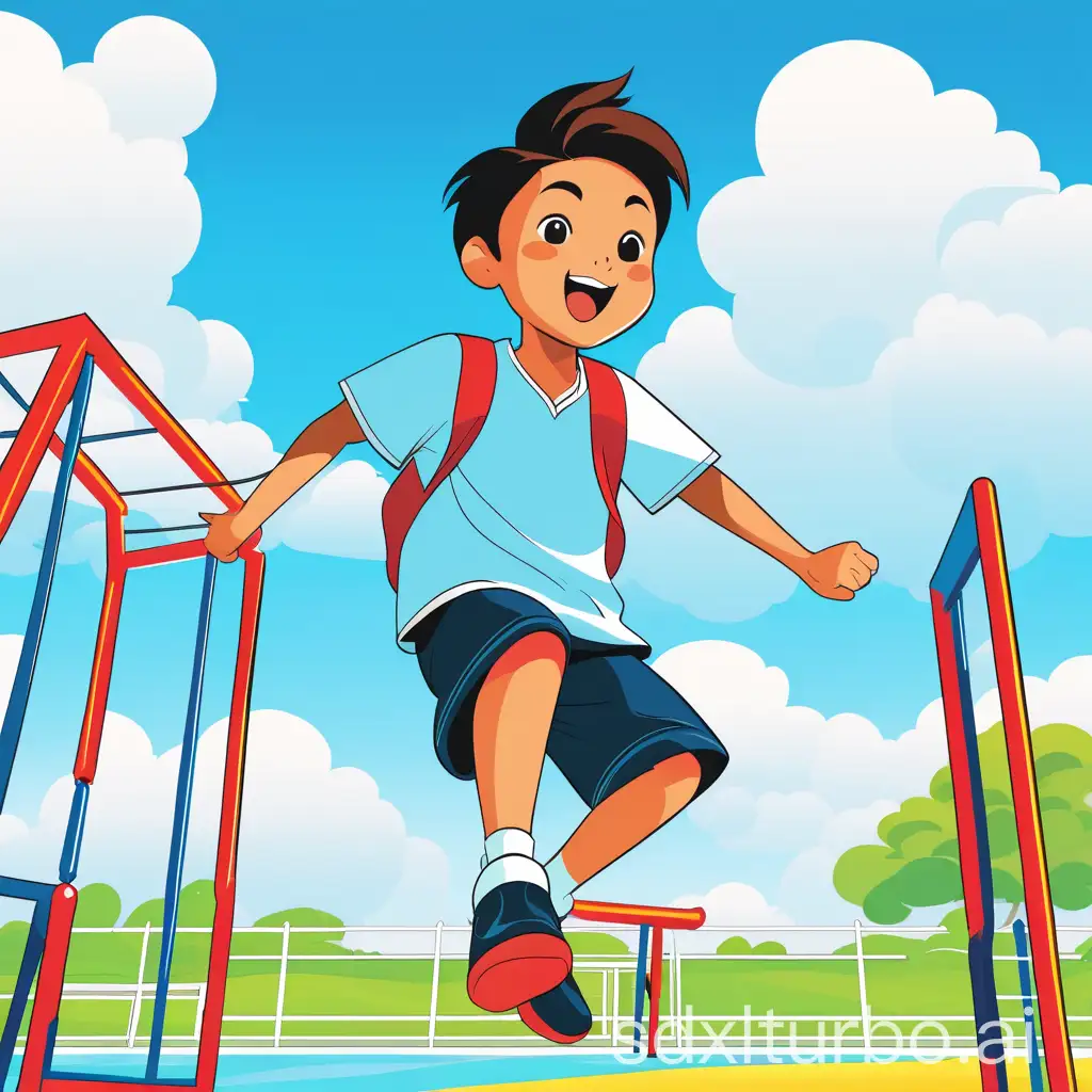 (High-quality vector dribble illustration), an Asian elementary school boy jumping up, on the school playground, blue sky, white clouds, frontal view, adding details
