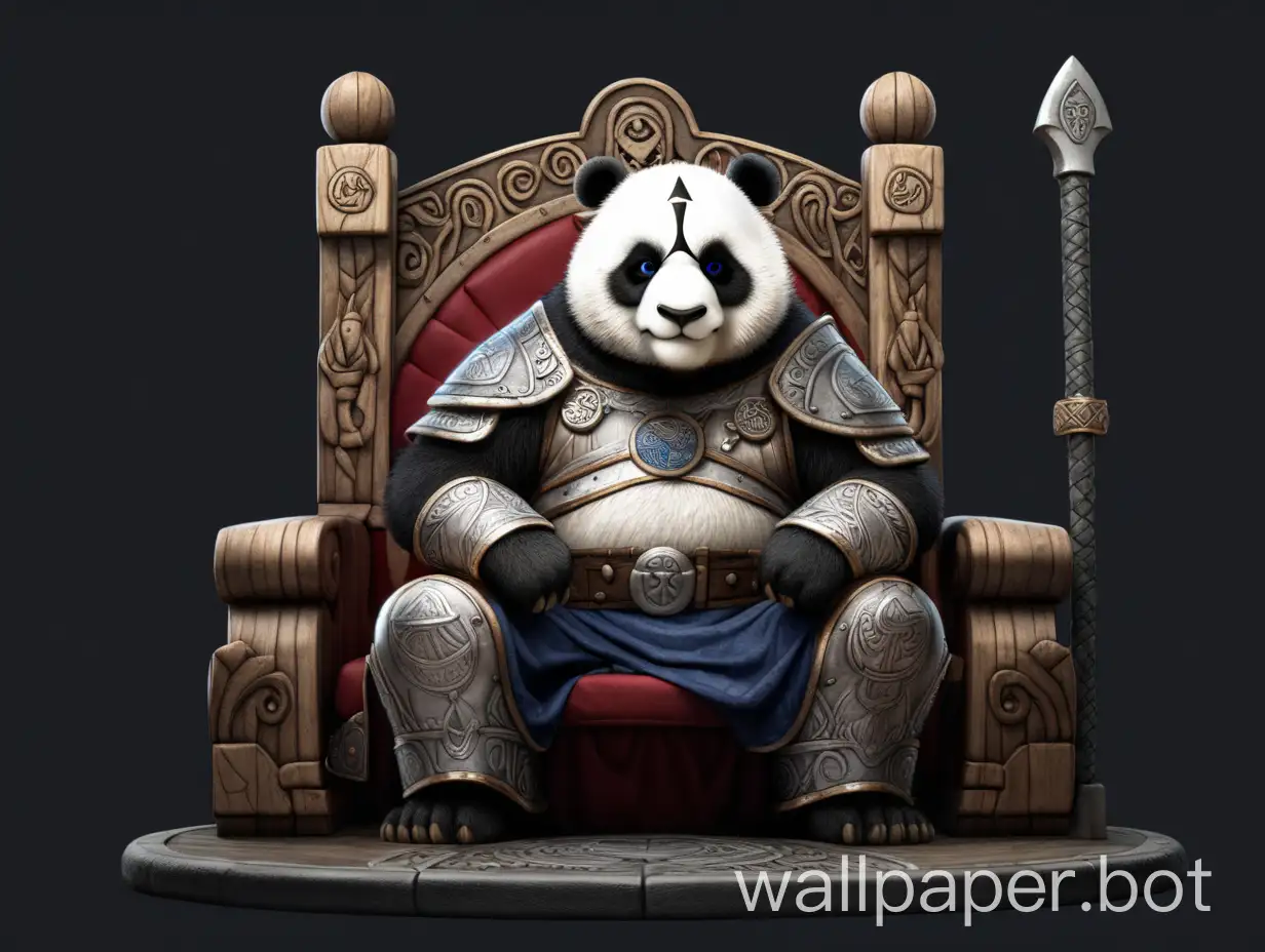 A Viking panda sitting on a throne with a dark background, gibli studio