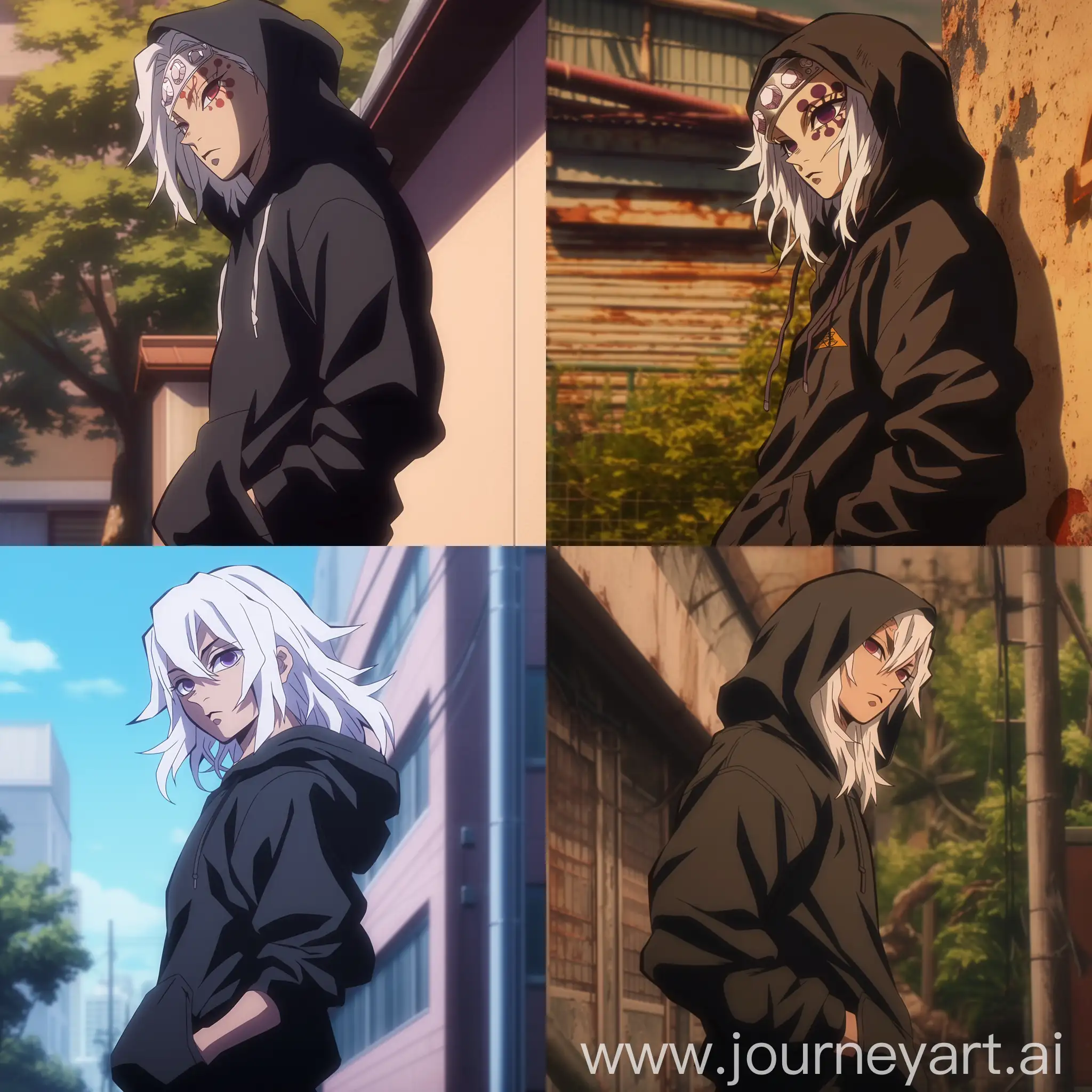 Tengen in cool hoodie, photo screenshot from anime, ((Tengen uzui)), White hair, tengen from demon slayer anime, doubtful face, looking at the viewer from side, cool look, wearing black hoodie, hands in pocket, half body shot, outdoors --niji 6