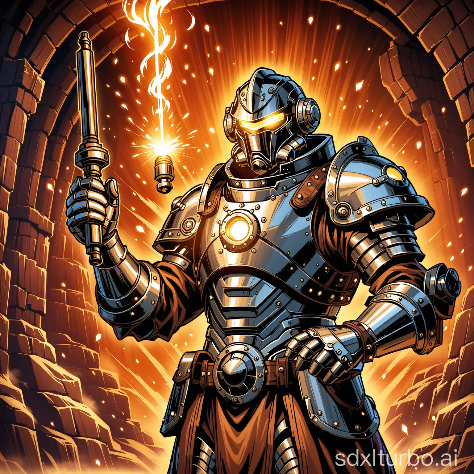 Create a high resolution, image about "Dungeons & Dragons" and "Artificer". Show a man, around 40 years in steam-punk-magic-power-armor, holding a spark in the right hand trying to adjust it with a screwdriver in the left hand