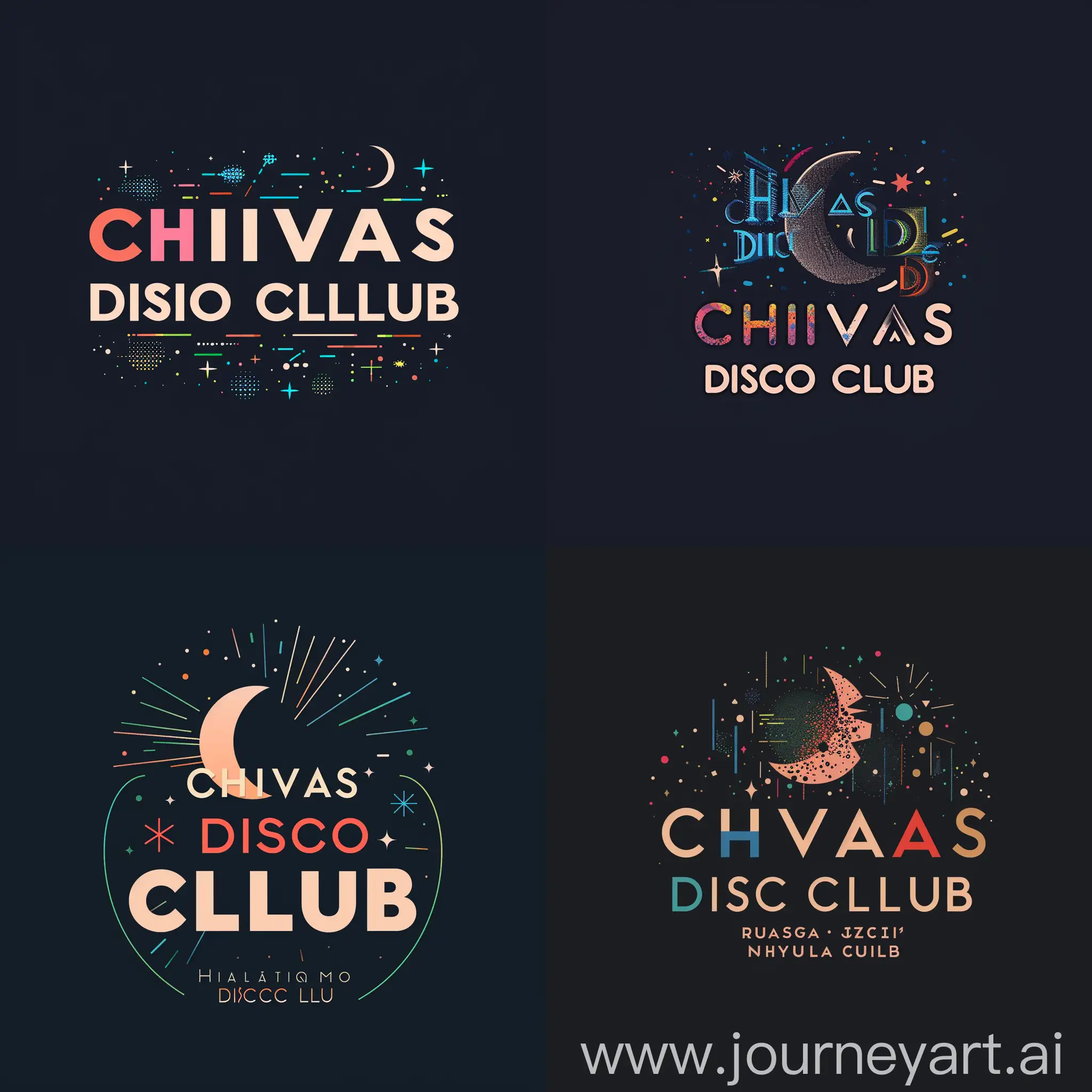 "Create a logo for Chivas Disco Club in Palma de Mallorca. The design should be minimalist, elegant, and evoke a nighttime atmosphere. The primary focus is on the text 'CHIVAS DISCO CLUB', using a sleek and stylized typography that suggests sophistication and movement. A subtle element suggesting nightlife, such as a crescent moon, stars, or neon lights, can be incorporated. The main color should be dark, such as black or navy blue, with pops of color to give a vibrant and attractive look. The design should be versatile and suitable for use on signage, posters, social media, and other promotional materials."






