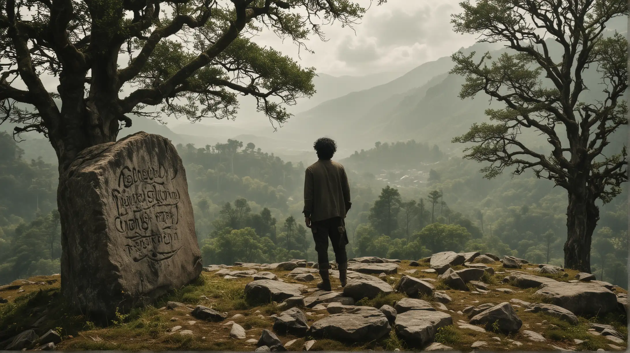 A clearing on a mountain top with many primeval trees surrounding it.  At its heart stood a solitary stone monument, worn by the ages but marked with peculiar symbols. Cassian, a rugged man with black hair and mustache looking at the stone with fascination.  He is amazed.